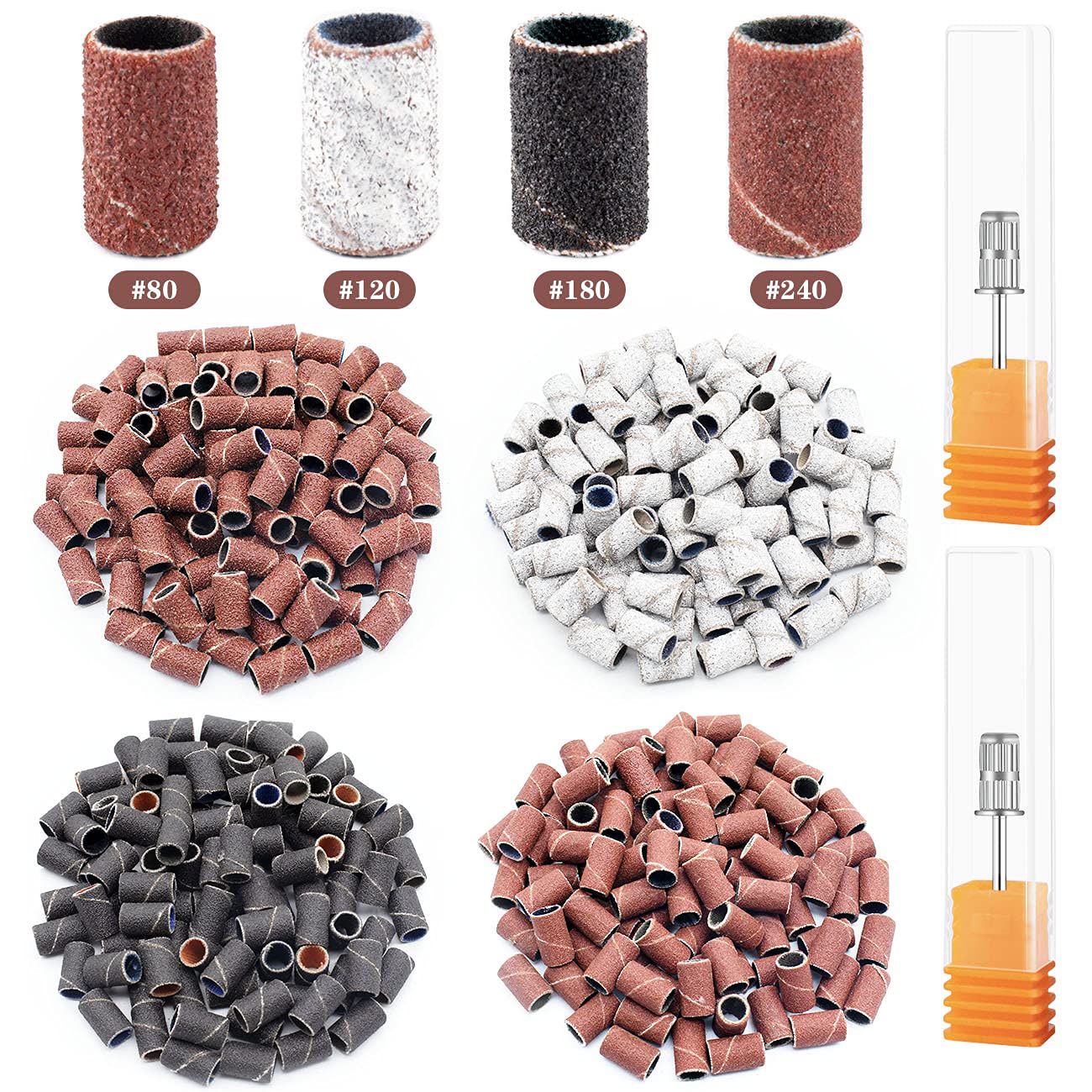 Rolybag Sanding Bands for Nail Drill 240 Pieces 3 Color Coarse Fine Grit Efile Sand Set 80#120#180#240#,2 Pieces 3/32 Inch Nail 
