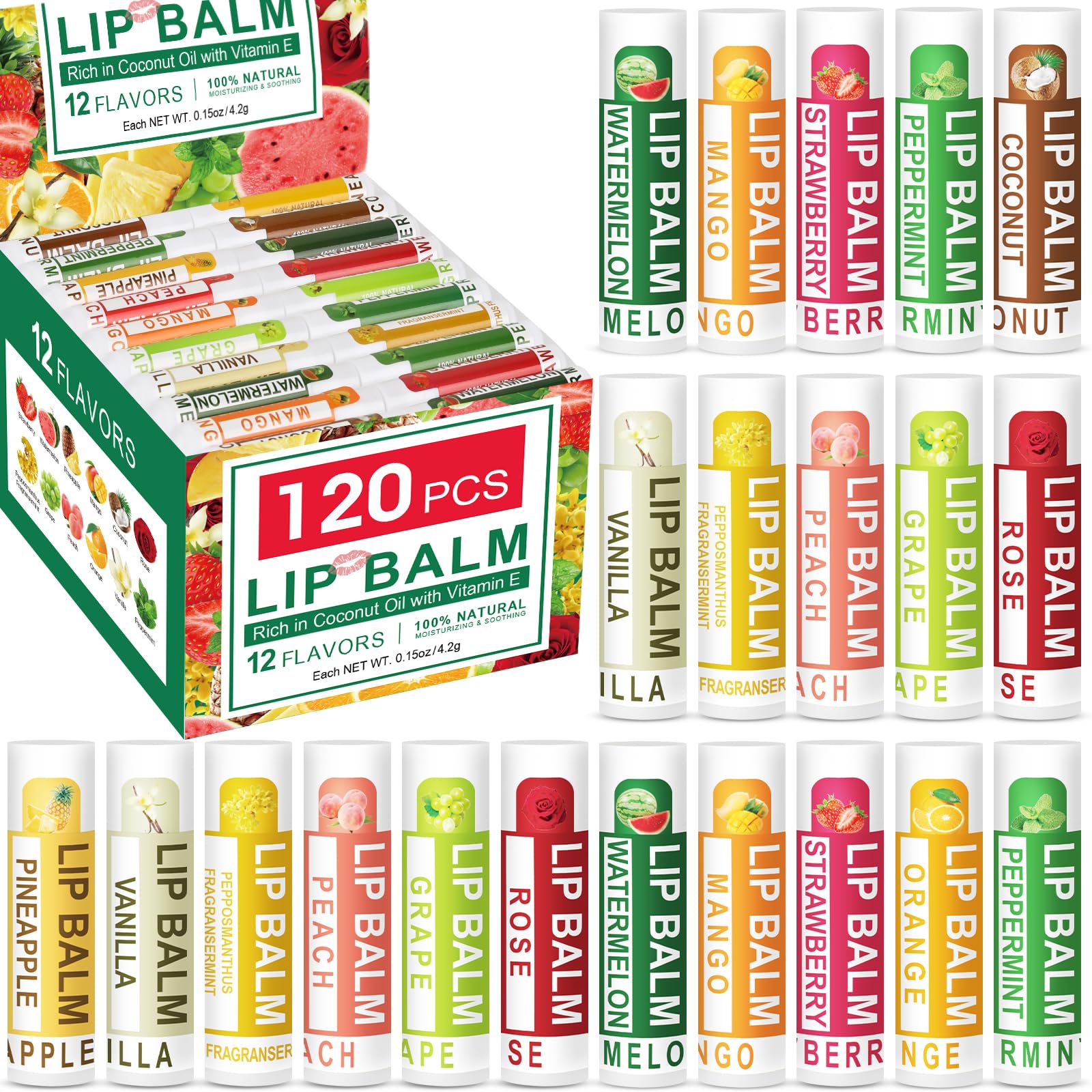 DMSKY 120 Pack Lip Balm, Natural Lip Balm Bulk with Vitamin E and Coconut Oil, Moisturizing Lip Balm for Dry Cracked Lips, Lip B