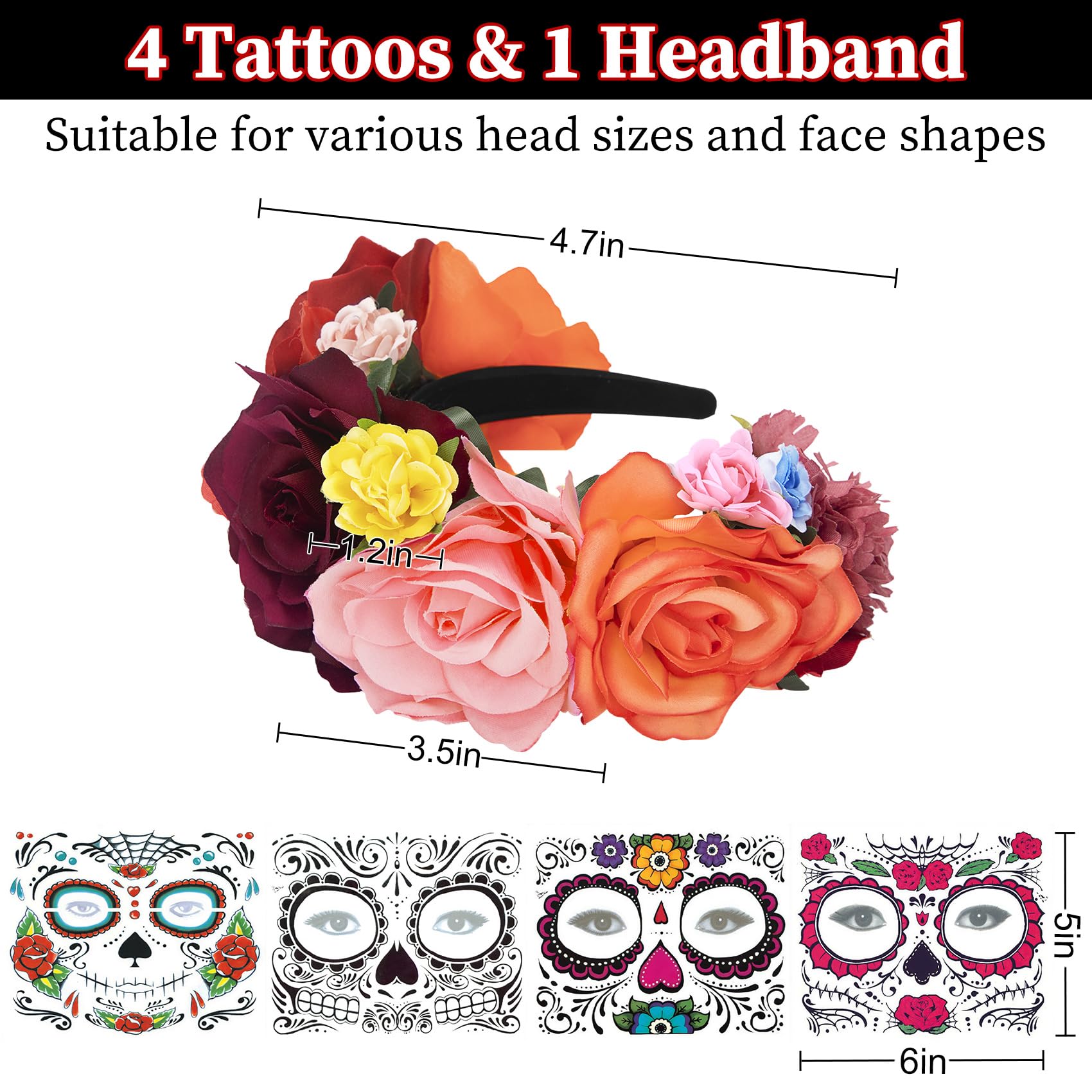 4 Kits Day of the Dead Sugar Skull Temporary Face Tattoos Makeup Costumes for Women and Men, DIY Skeleton Face Tattoos with 1 Ro