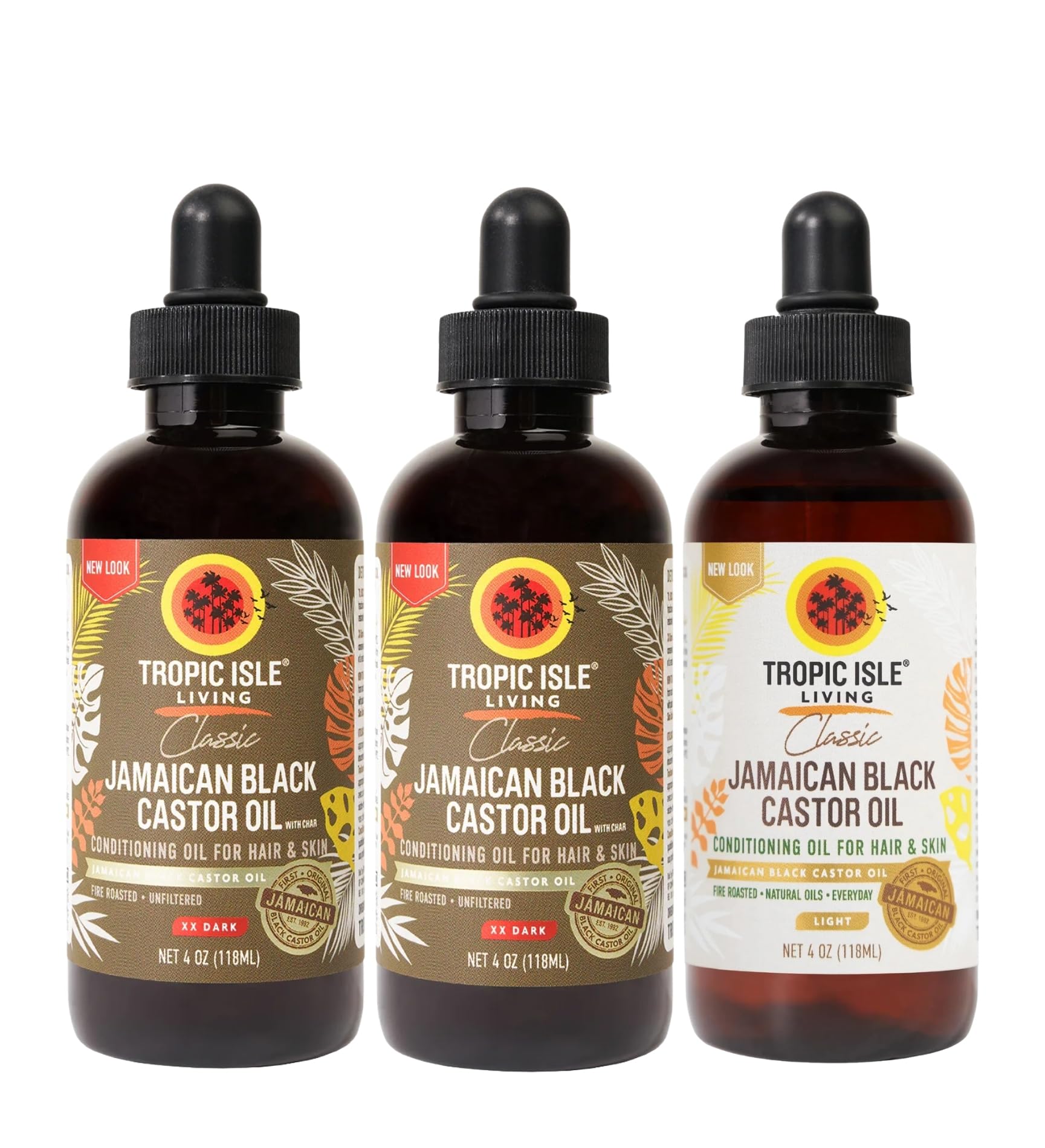 Tropic Isle Living Black Jamaican Castor Oil  2x JamaicanBlack CastorOil XX Dark 4oz Bundle with Jamaican Black Castor Oil Ligh