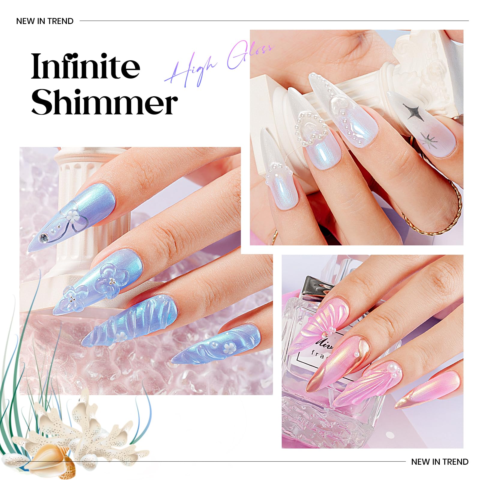 Mizhse Pearl Gel Nail Polish, 6 Colors Iridescent Mermaid Gel Polish Set, Drawing Nail Gel Shell Thread Effect Shimmer White Pin