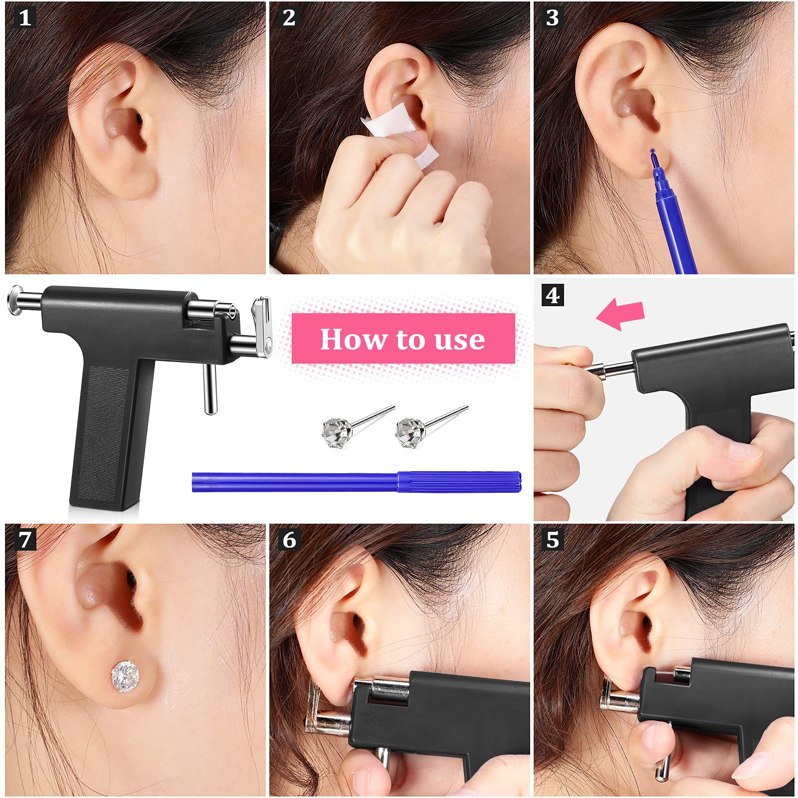 Honoson 158 Pieces Ear Piercing Kit Nose Ear Piercing Disposable Ear Piercing Tool Body Ear Nose Navel Piercing Machine Ear Pier
