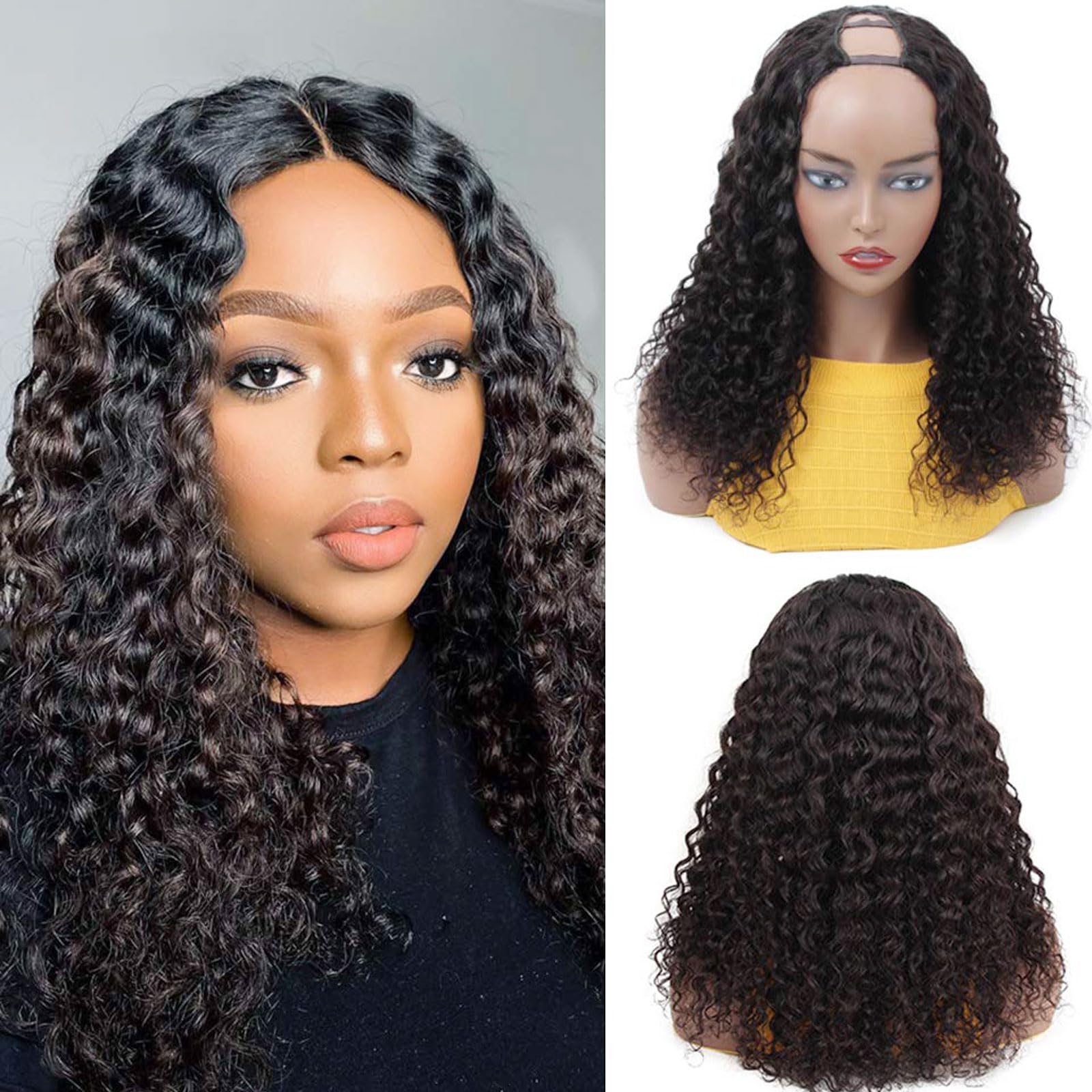 huarisi U Part Human Hair Wigs Curly Wave U Shape Wig 100% Brazilian Kinky Curly Wigs Glueless for Natural Color (12 Inch)