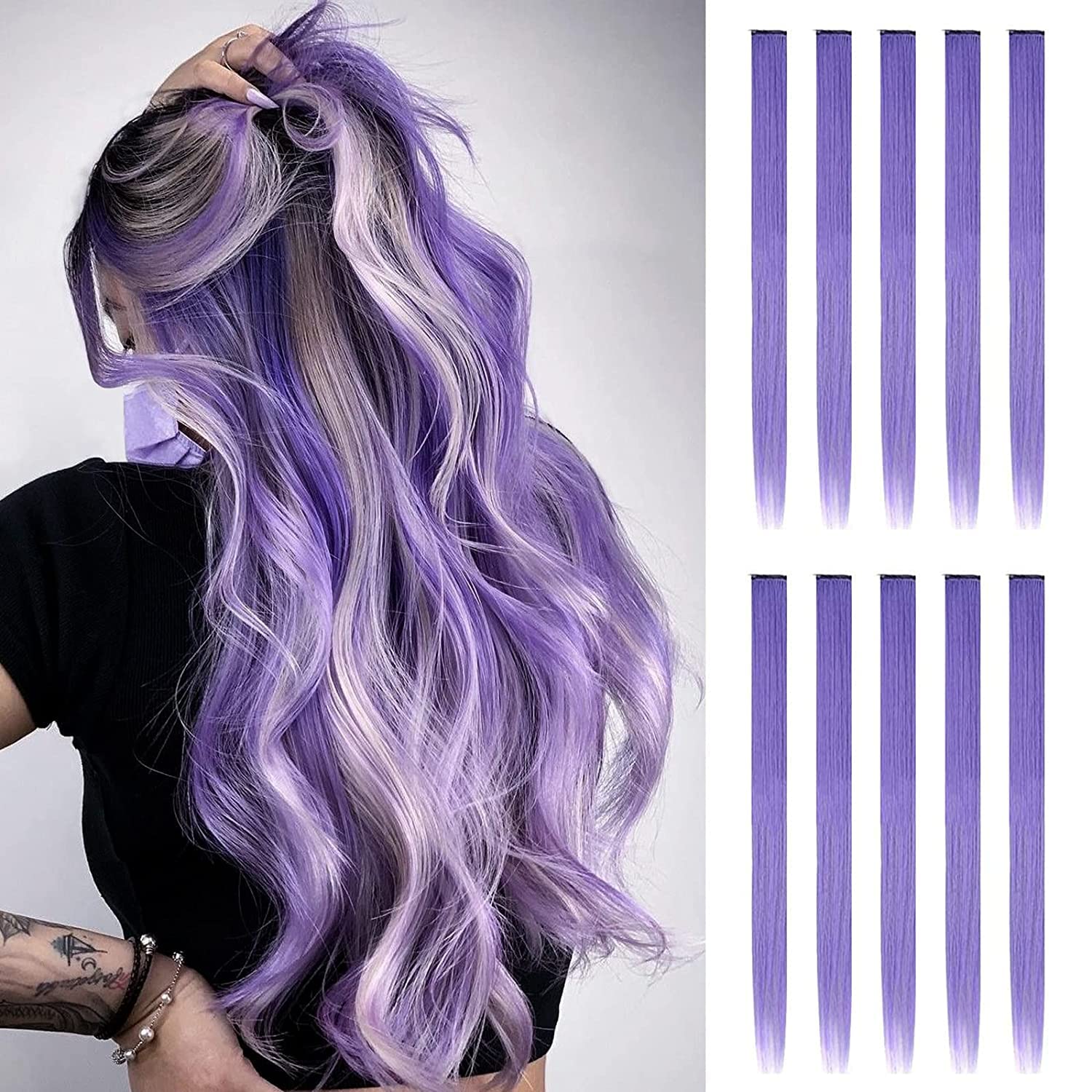 FESHFEN Colored Hair Extensions, 10 PCS Purple Hairpieces for Women Highlighted Colorful Straight Clip in Hair Extensions Party 