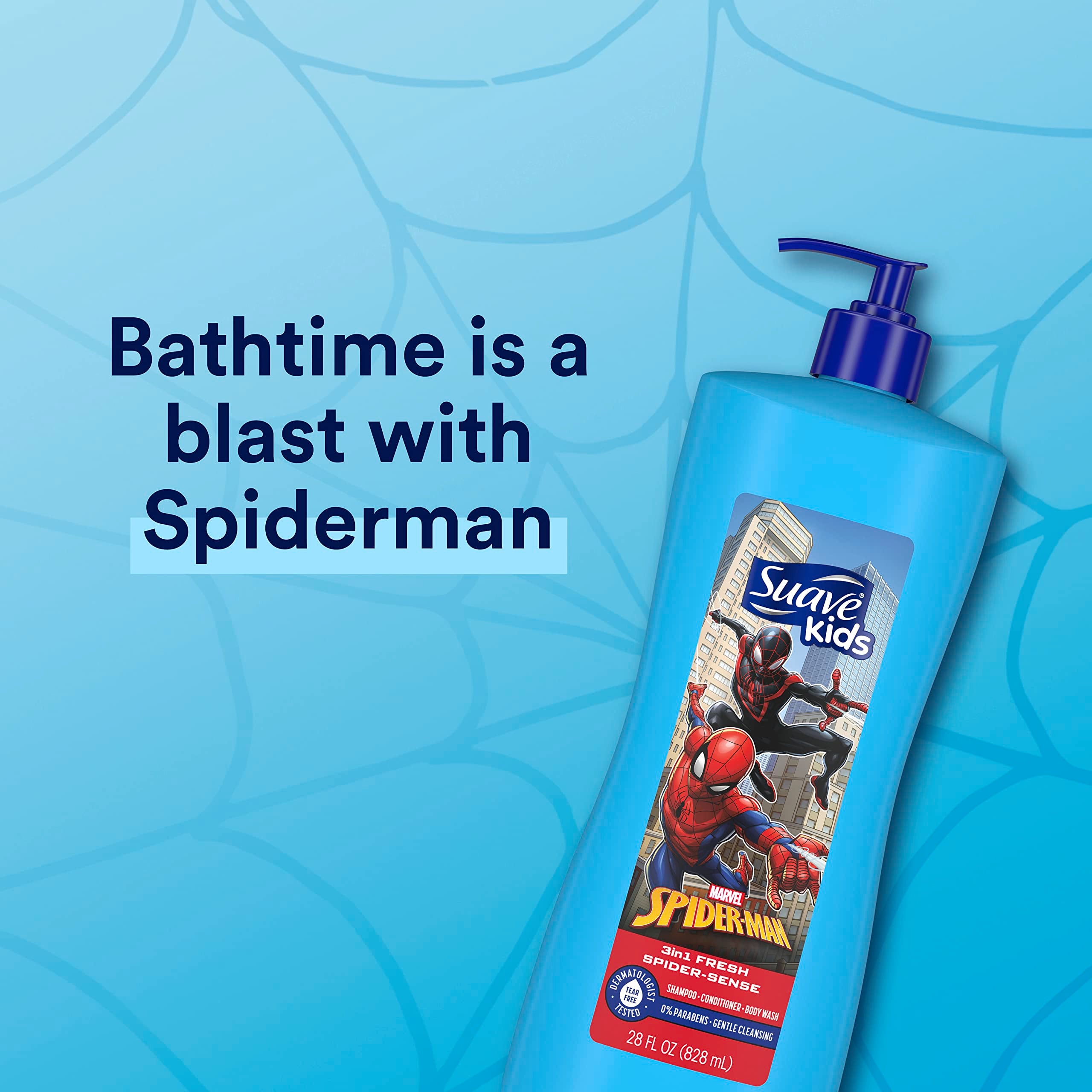 Suave Kids 3 In 1 Shampoo Conditioner Body Wash For Tear-Free Bath Time, Fresh Spider-Sense, Dermatologist-Tested Kids Shampoo 3