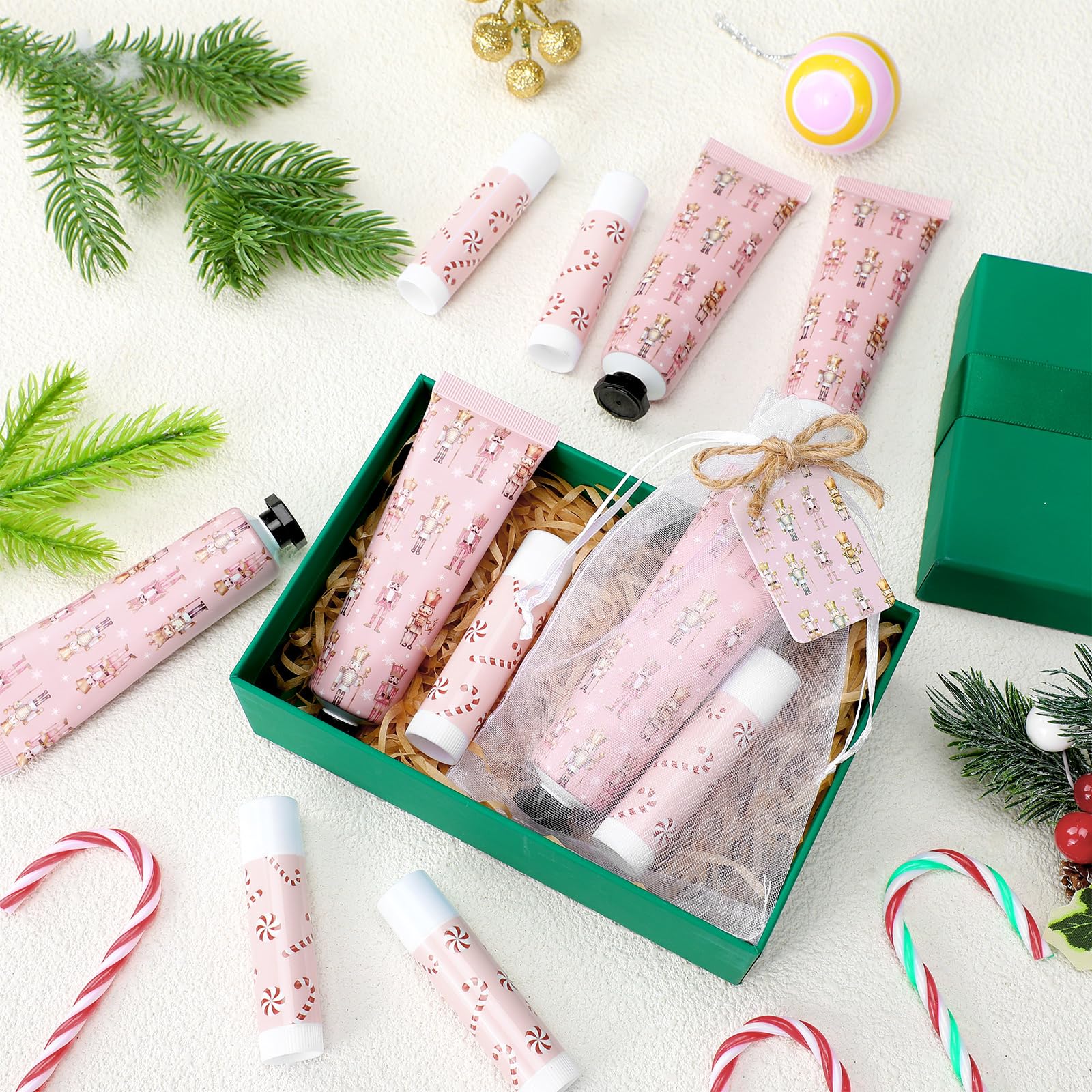 Dansib 24 Sets Christmas Pink Nutcracker Hand Cream and Candy Lip Balm Gift Christmas Party Favors Travel Size Hand Lotion and L