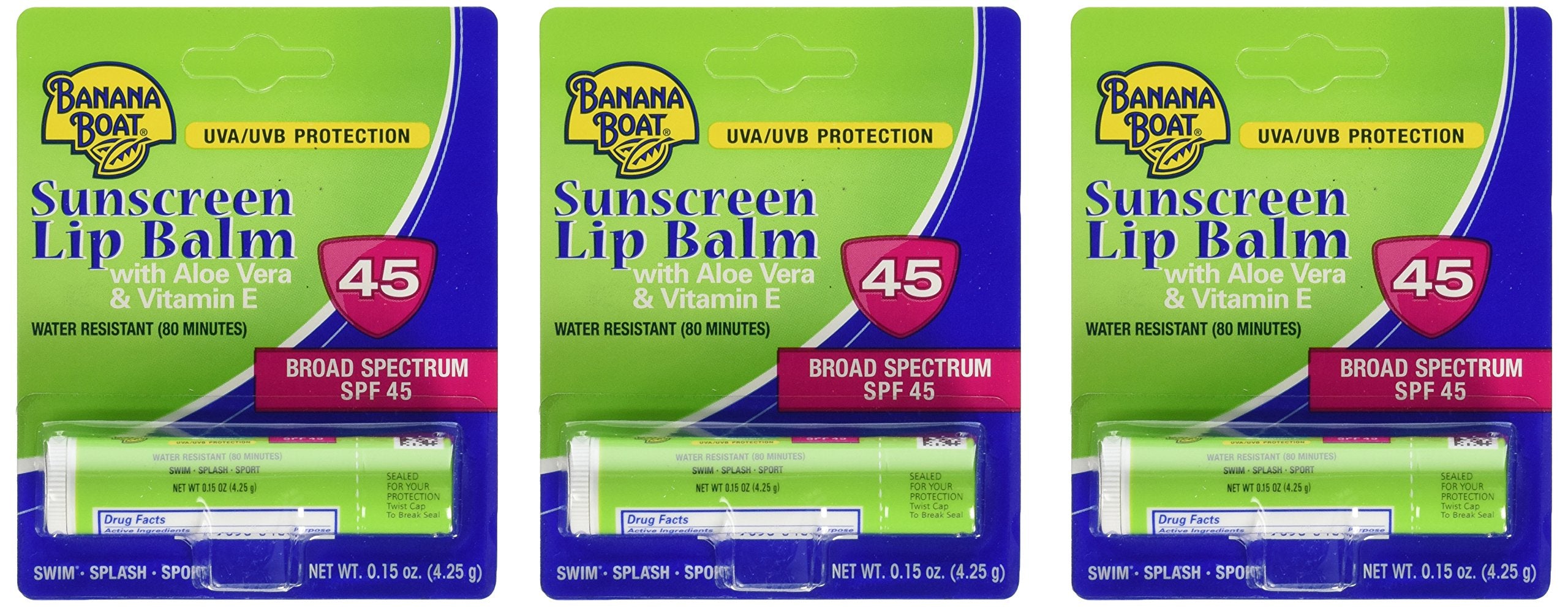 Banana Boat Aloe Vera Sunscreen Lip Balm With Vitamin E Spf 45 3-Pack