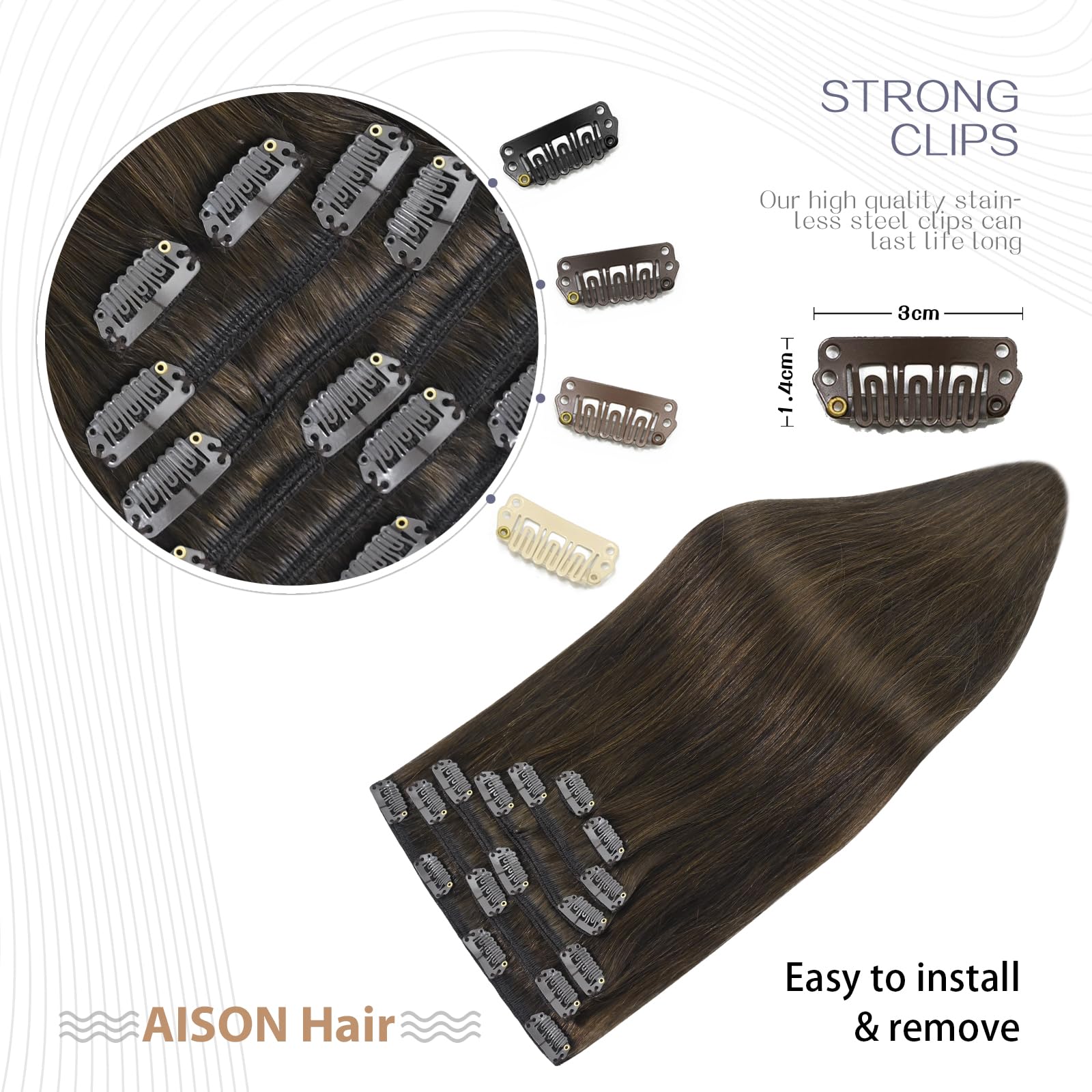 Aison Medium Brown Clip in Hair Extensions Real Human Hair 70G 100% Chocolate Brown 15 Inches Remy Human Hair Extensions Clip in