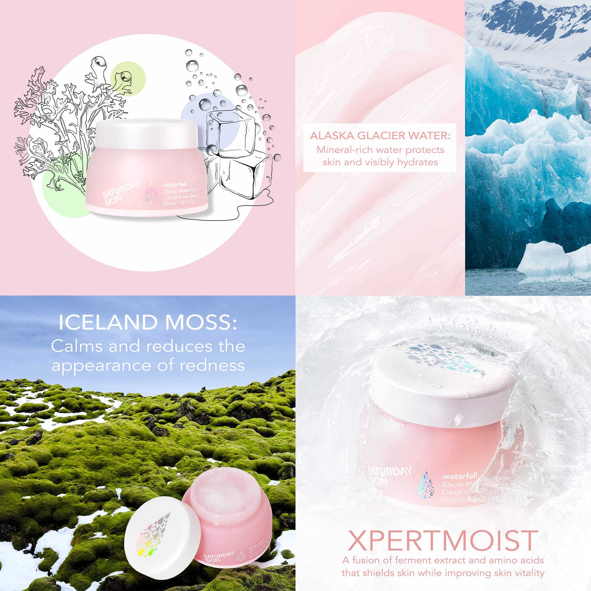Saturday Skin Face Moisturizer Water Cream Mini Size, Vegan Natural Facial Moisturizer Oil-Free Gel Cream From Alaska Glacier Wa