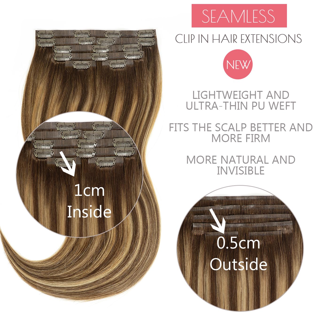 Loxxy Seamless Extensions Clip In Human Hair 20Inch 110G 7Pcs Chocolate Brown To Caramel Blonde With Brown Roots Thick Blonde Na