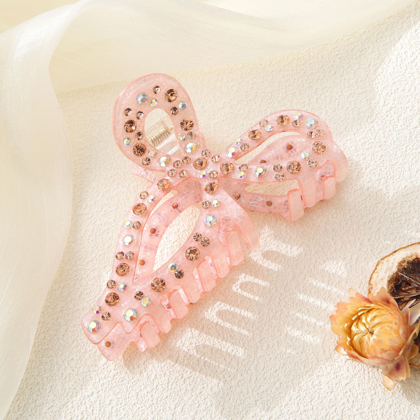 AWAYTR Rhinestone Hair Bow Claw Clip for Women, 4.3, Butterfly Style, Non Slip, for Long Thick Hair (Pink)