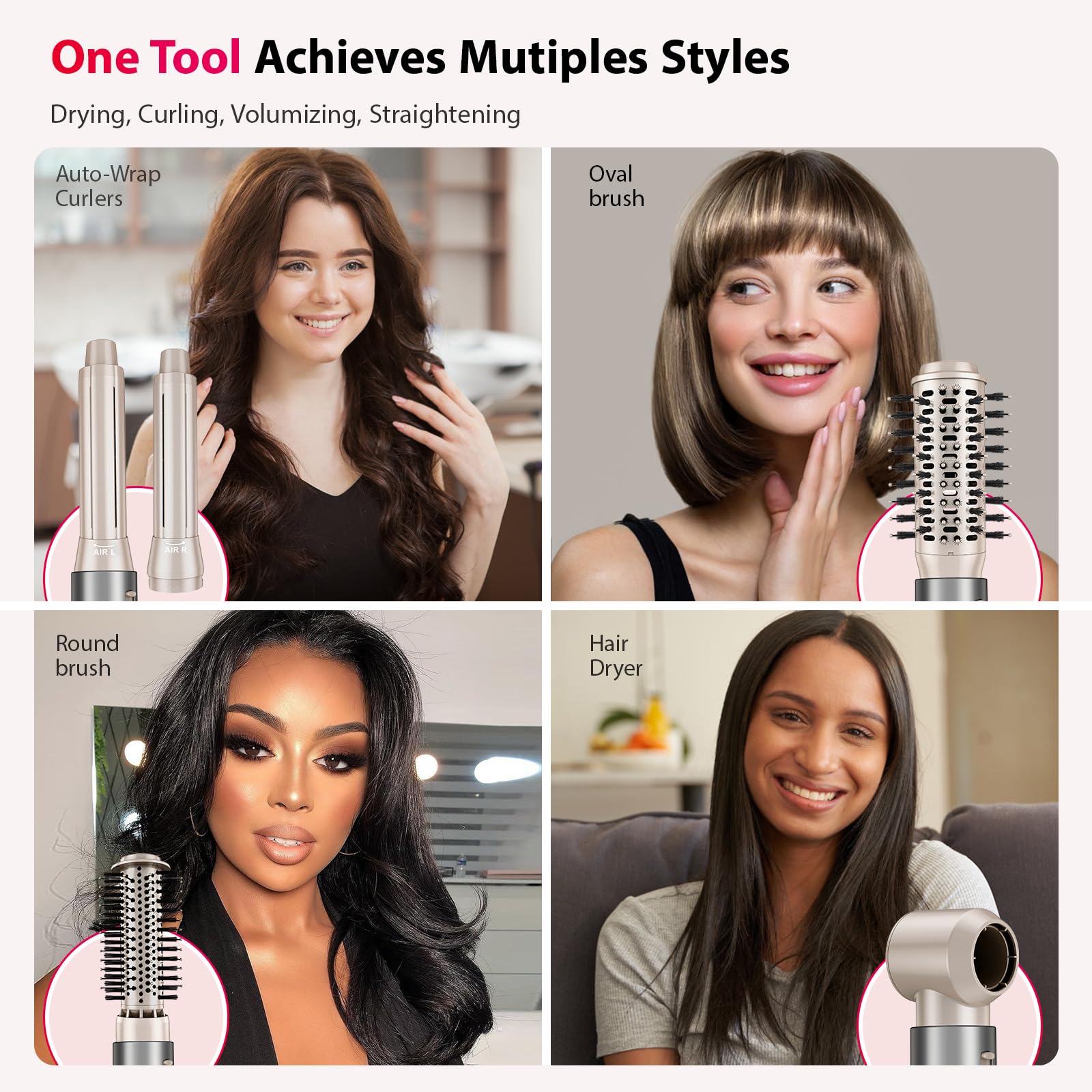 Hair Dryer 5 in 1 Hot Air Brush - 110,000 RPM High-Speed Negative Ionic Blow Dryer for Fast Drying, Multi-Styler with Auto-Wrap