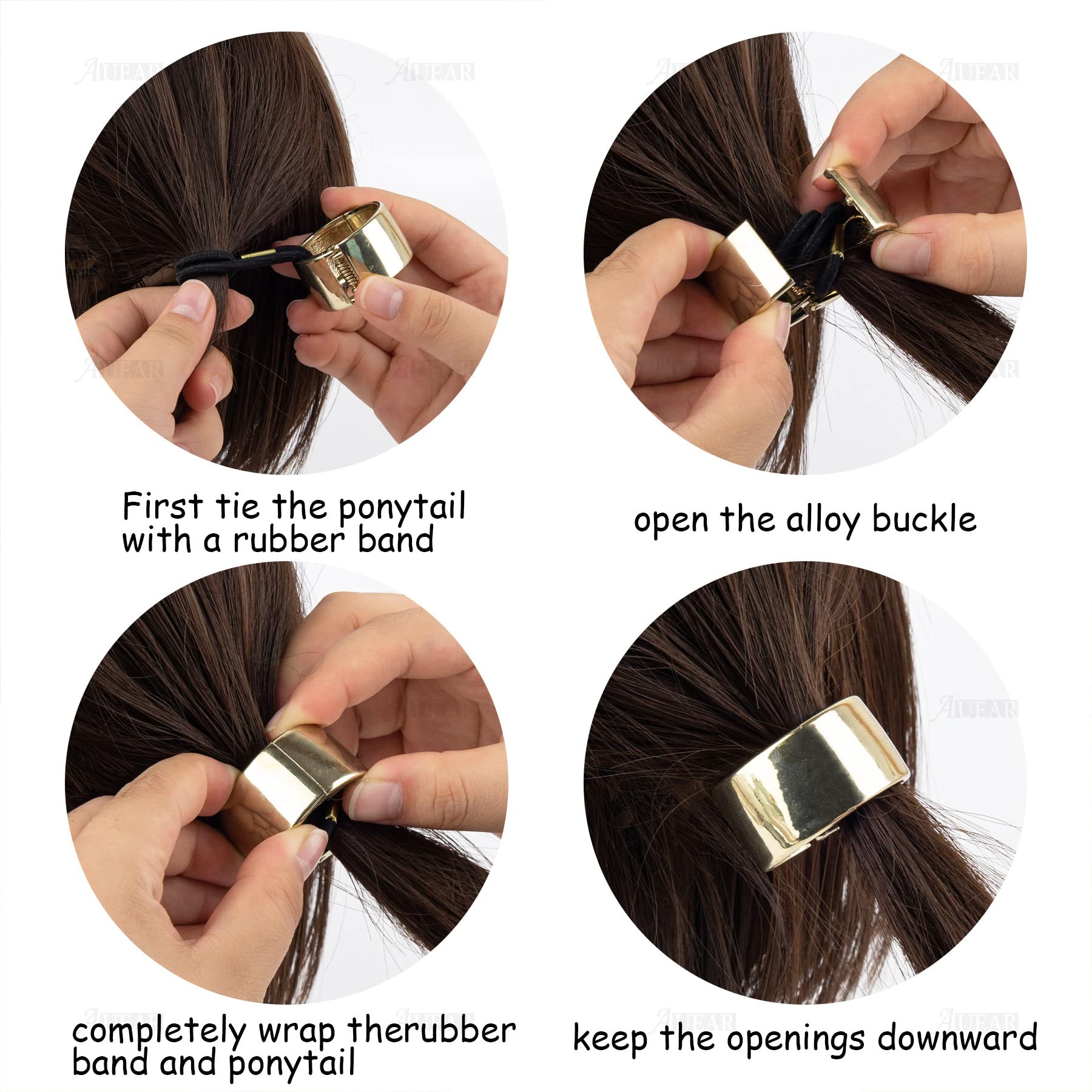 Auear, Brushed Metal Expandable Hair Cuff Ponytail Holder Elastic Hair Tie Cuff For Women Girls Hair Rings Set (4 Pack, Style 1)