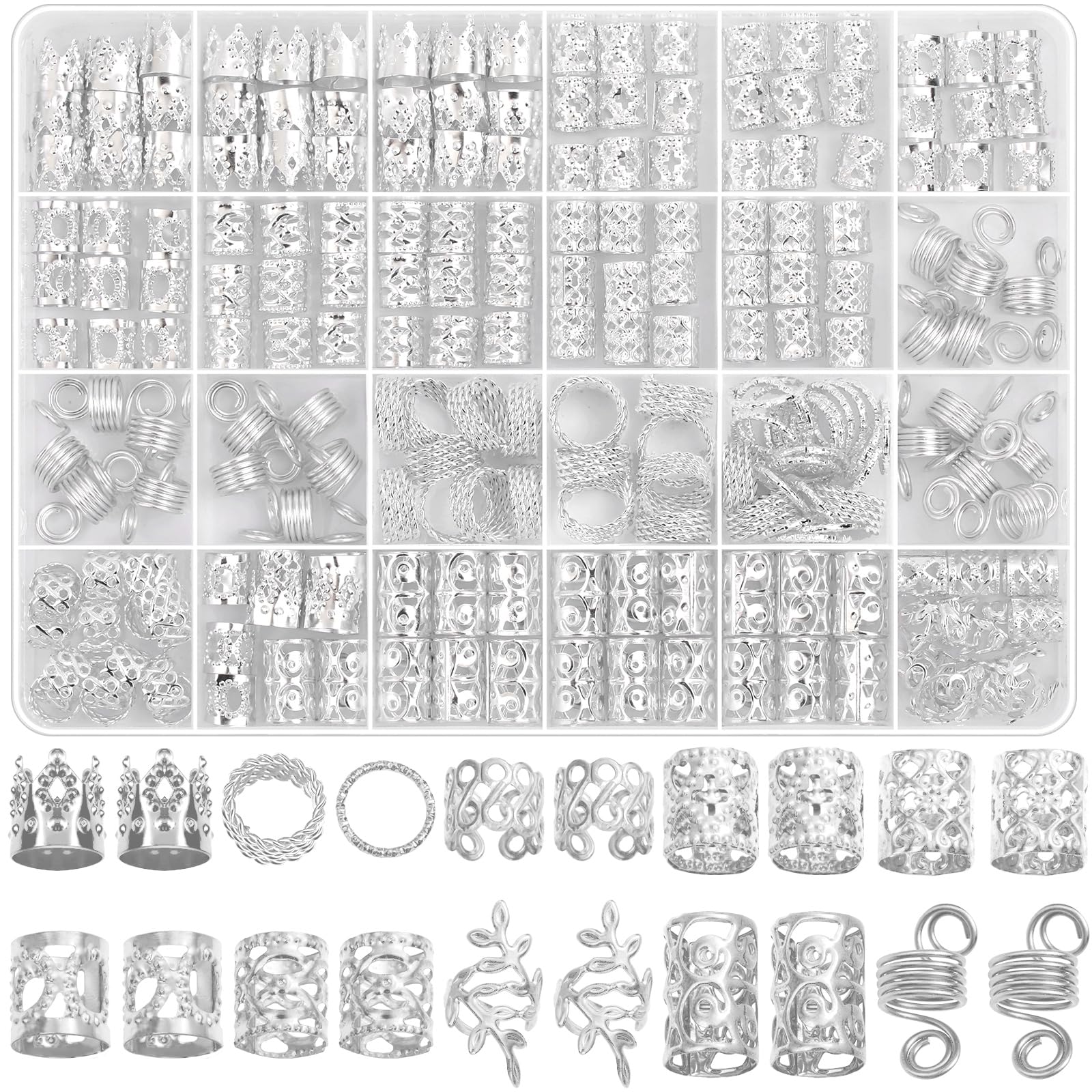 Lucomb 220 Pcs Silver Hair Jewelry for Braids, Loc Jewelry for Hair Dreadlock, Hair Charms for Women, Metal Silver Braids Rings 