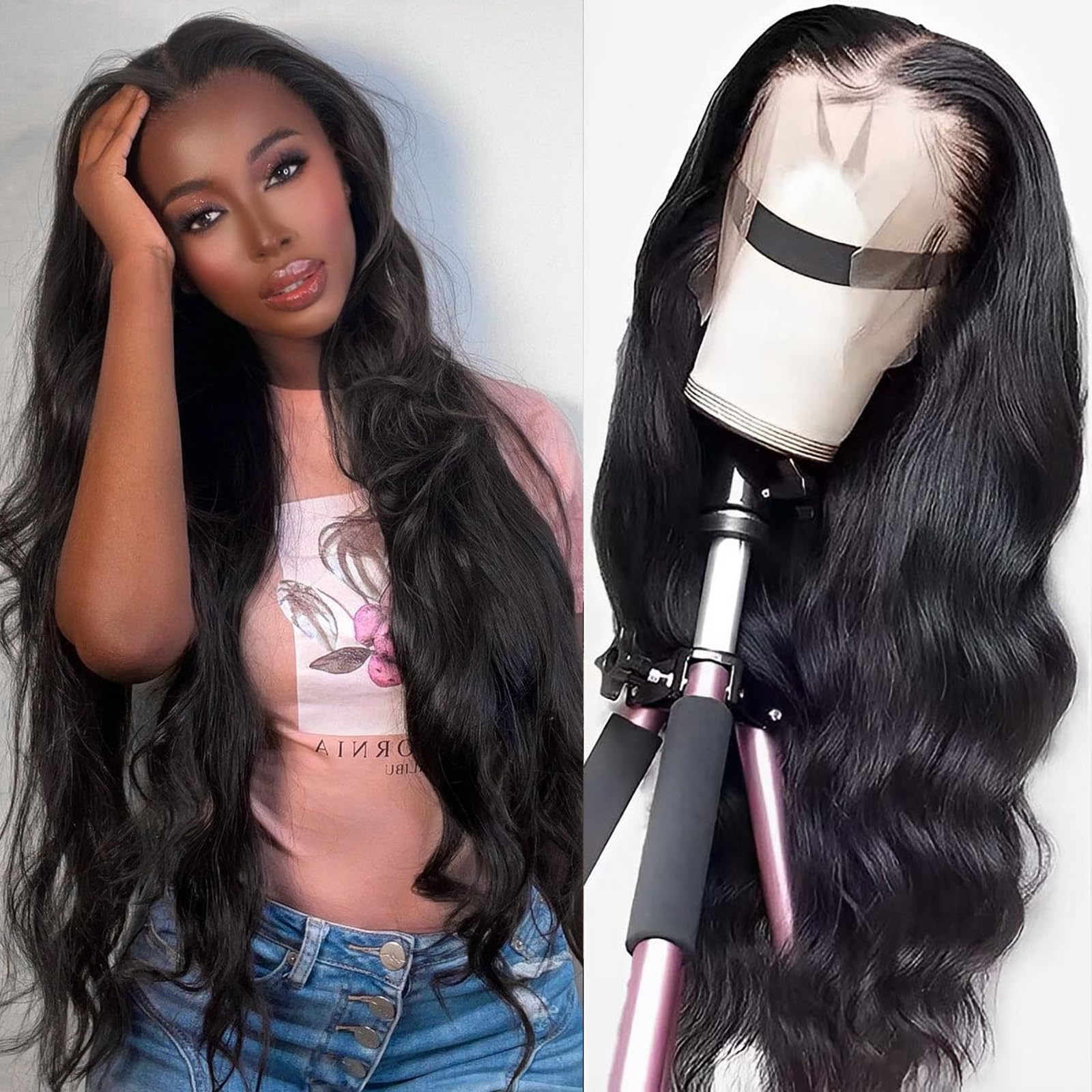 Vigriss 30 Inch Body Wave 13x4 HD Lace Front Wigs Human Hair Pre Plucked Glueless Wigs Human Hair 180 Density Natural Black Huma