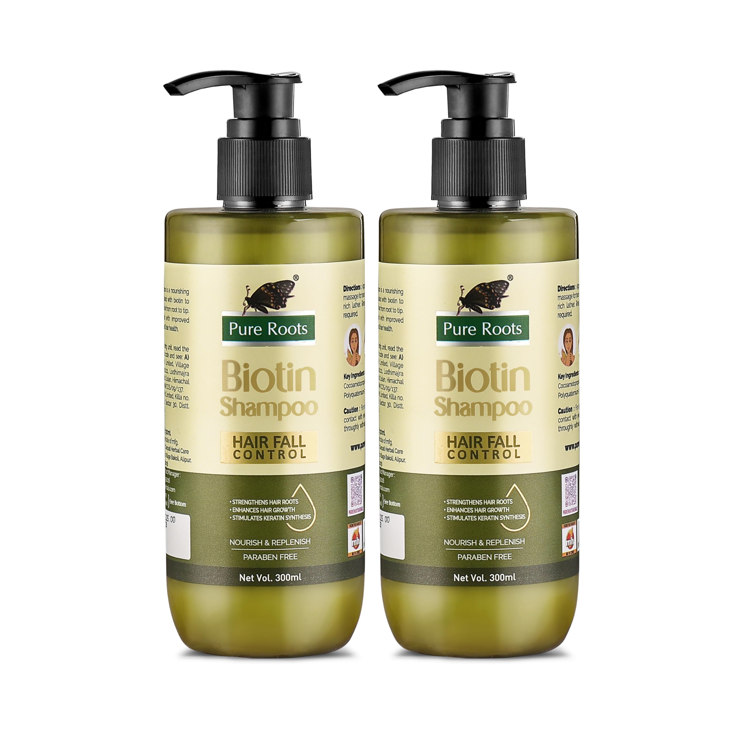 Pure Roots Biotin Shampoo 300Ml  Pack Of 2 (600Ml) | Strengthens Roots | Reduces & Controls Hair Fall | Promotes Hair Growth | 