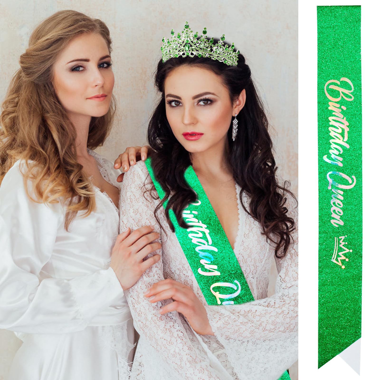 Velscrun Birthday Queen Tiara Crowns For Women Girls Green Crystal Birthday Queen Headband Sash Elegant Princess Crown Happy Bir