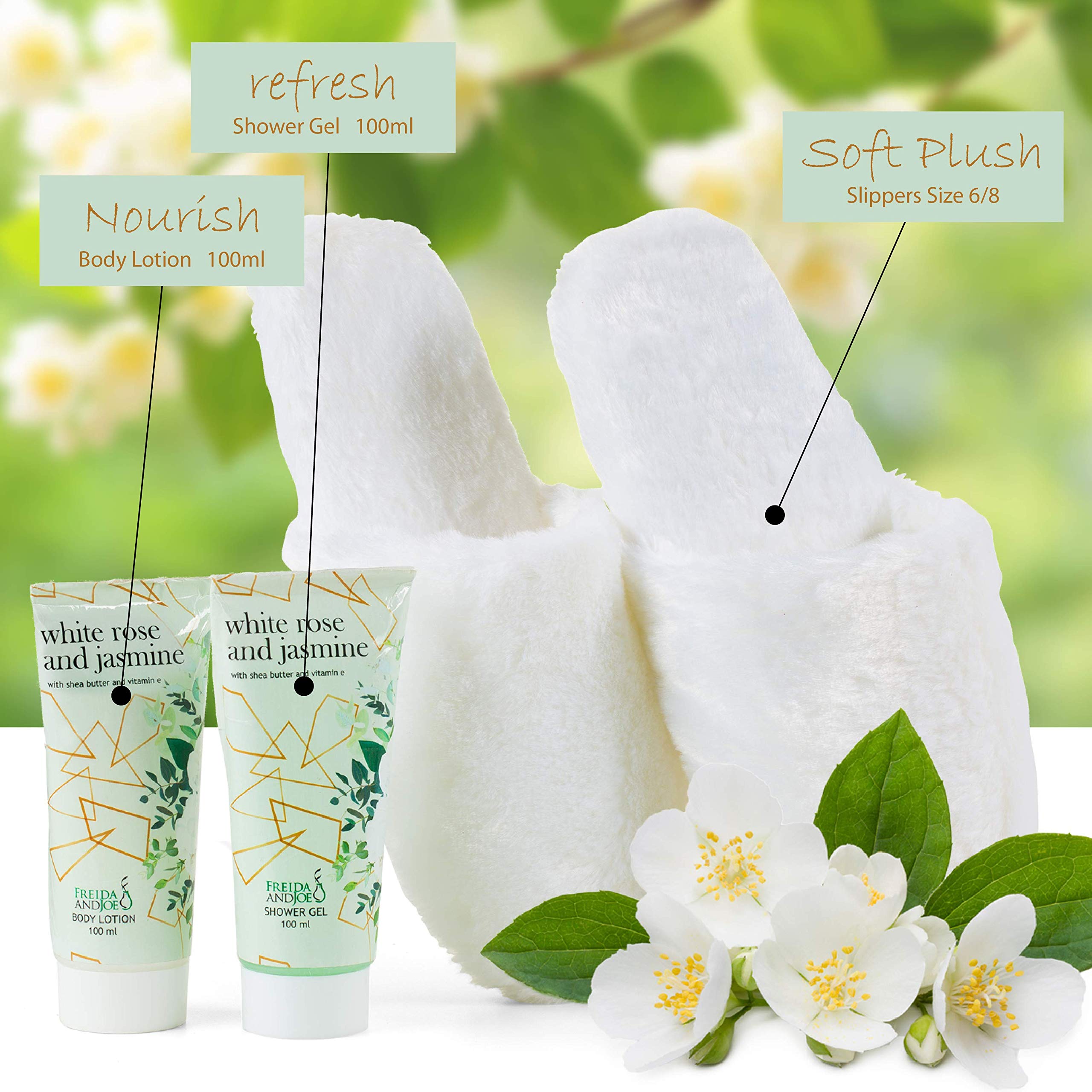 Home Spa Slippers Set Bath Gift Basket - White Rose Jasmine Fragrance - - Contains Body Lotion And Shower Gel, Plush Cozy Close