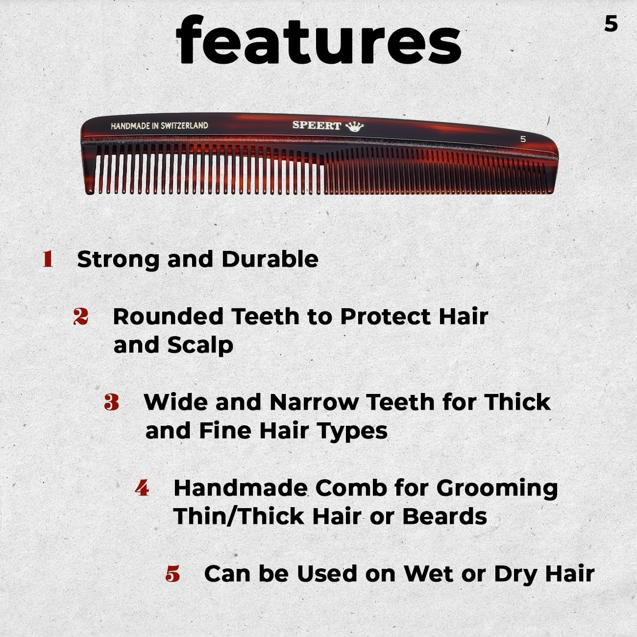 Speert #5 Handmade Wide Narrow Tooth Comb Tortoise Havana Acetate Thick Coarse Curly Thin Fine Straight Hair Detangling Parting