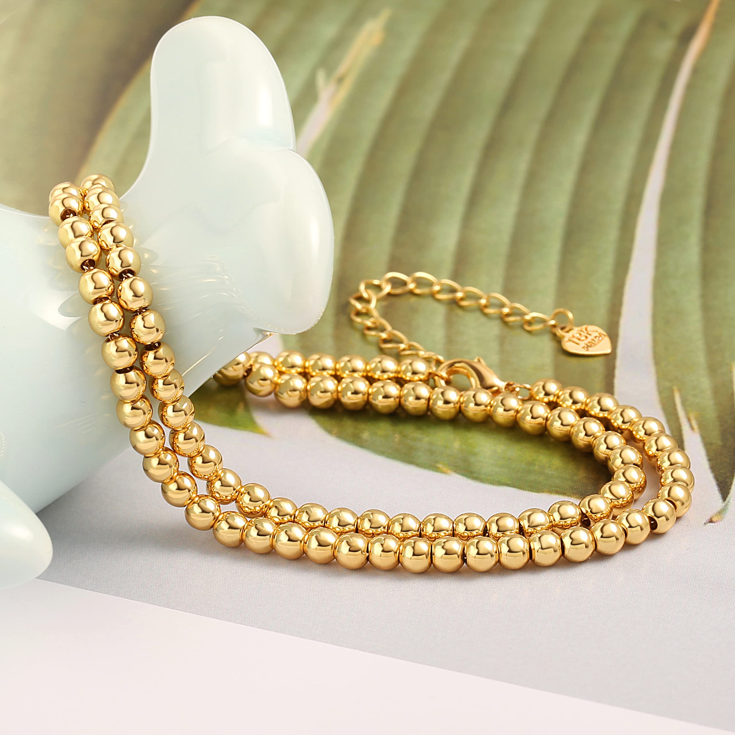 Aobei Pearl 18K Gold Ball Beaded Necklace Minimalist Beads Chain Choker Necklace Handmade Ball Strand Jewelry for Women Girls 15