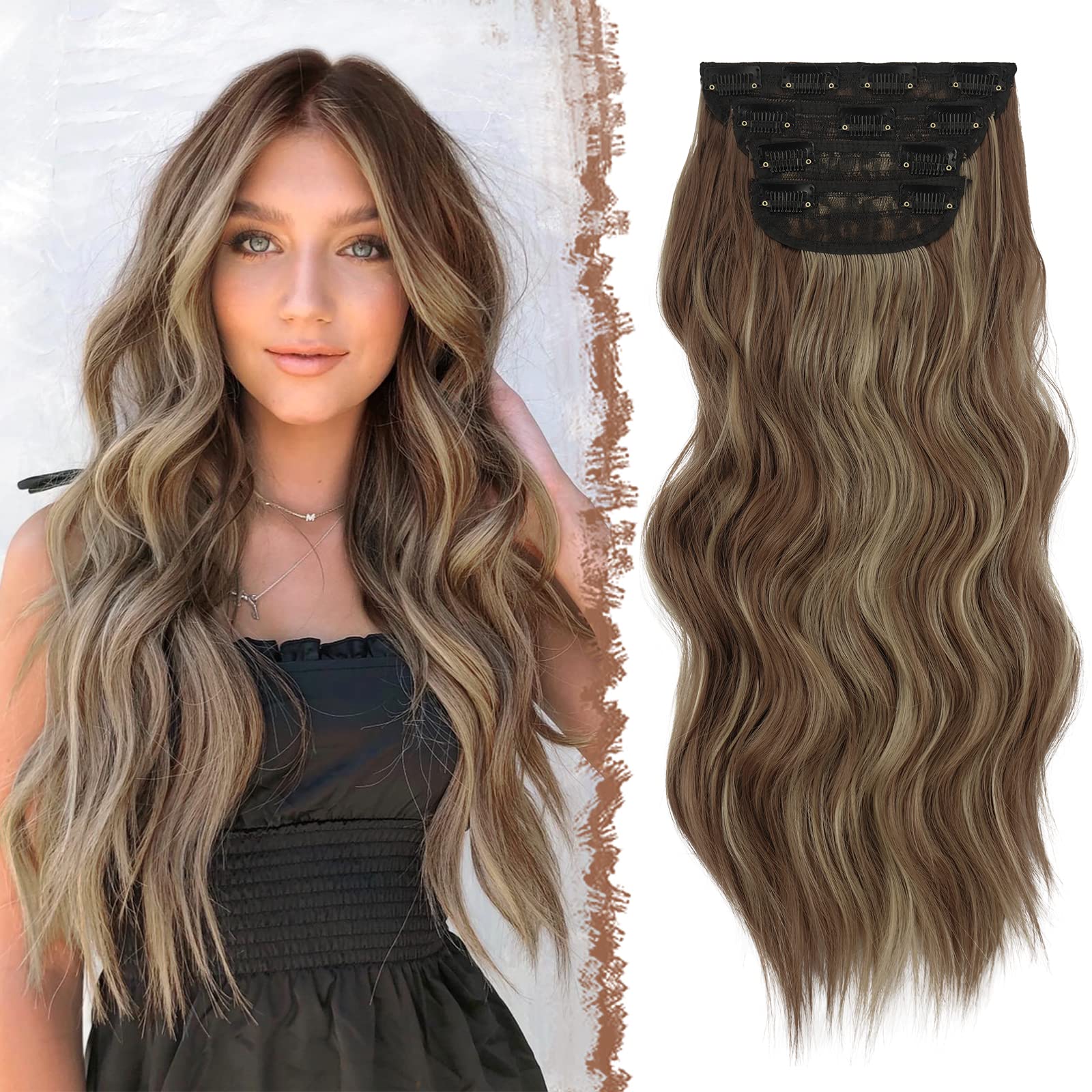 FESHFEN Clip in Hair Extensions - 4 PCS Long Wavy Thick Highlighted Clip in Hairpieces Synthetic Hair Extension for Women, Reddi