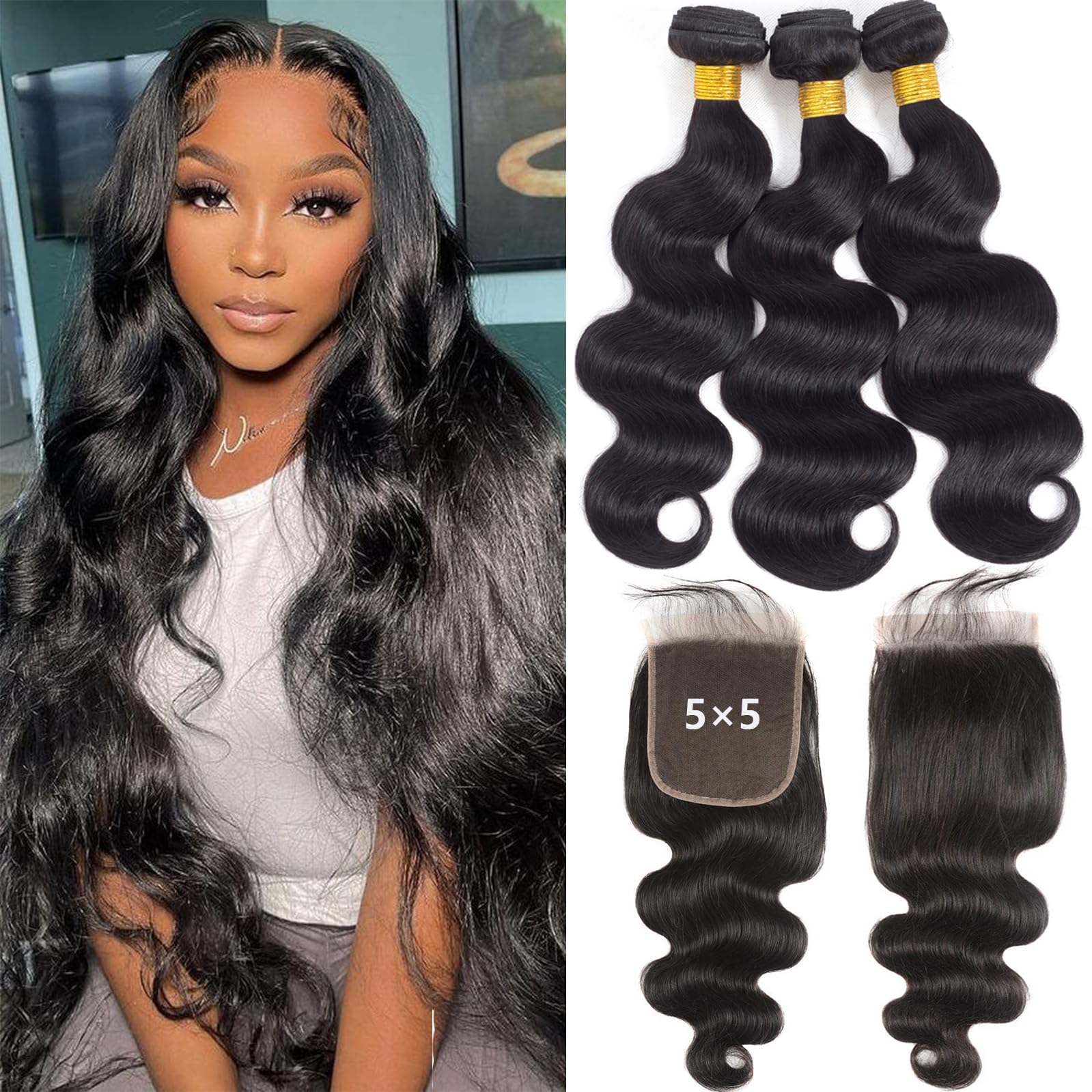 12A Body Wave 3 Bundles with 5  5 HD Lace Closure (14 16 18+12'') 100% Unprocessed Brazilian Virgin Body Wave Human Hair Weave B