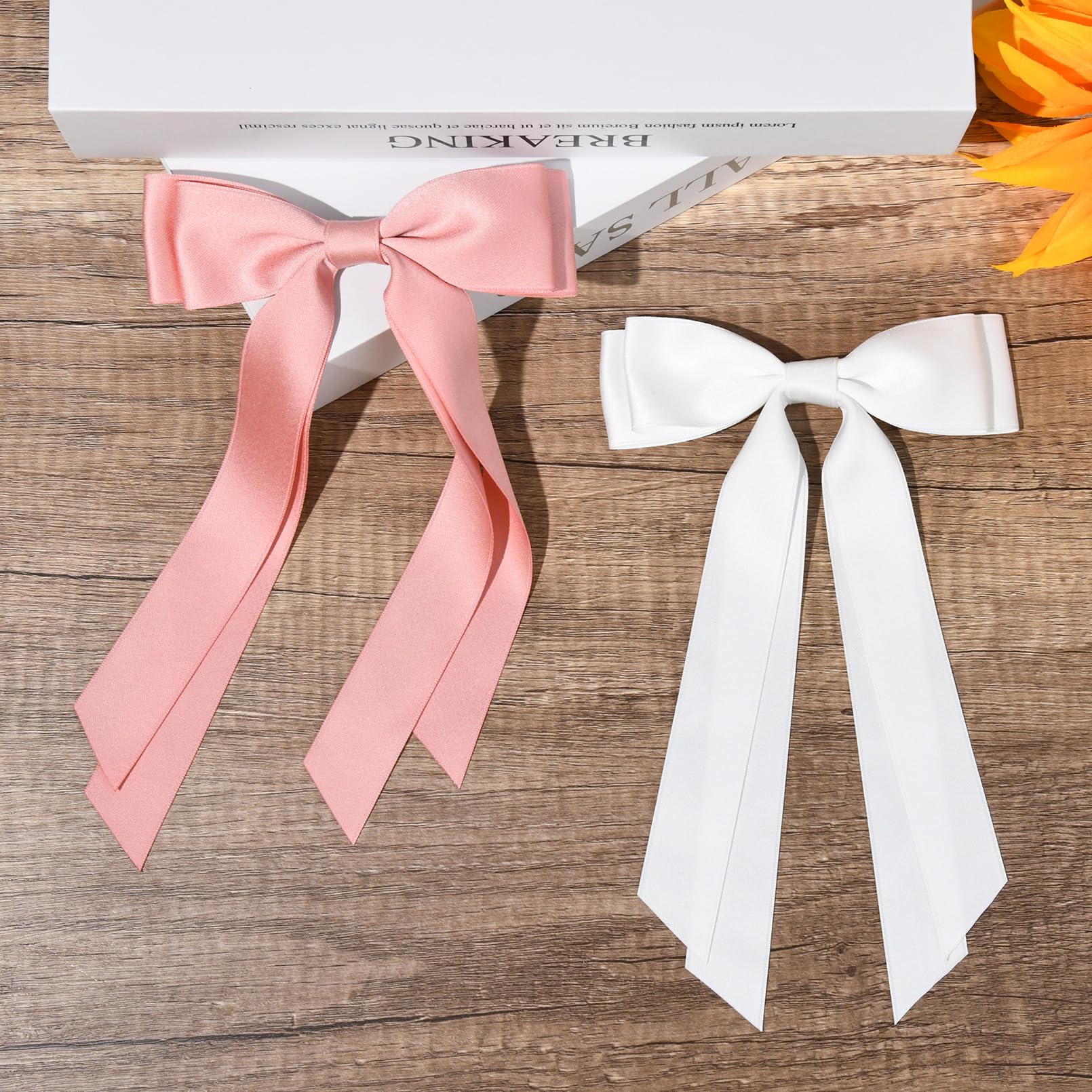 2Pcs Silky Satin Hair Bows Hair Clip Pink White Hair Ribbon Ponytail Holder Accessories Slides Metal Clips Hair Bow For Women Gi