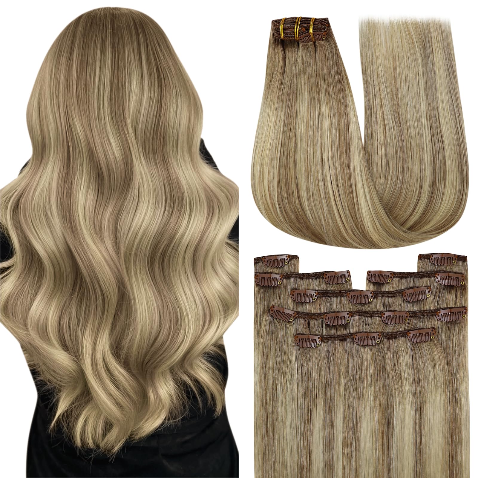 YoungSee Balayage Clip in Hair Extensions Real Human Hair, 24 Inch Light Brown Mix Platinum Blonde, Balayage Hair Clip in Extens