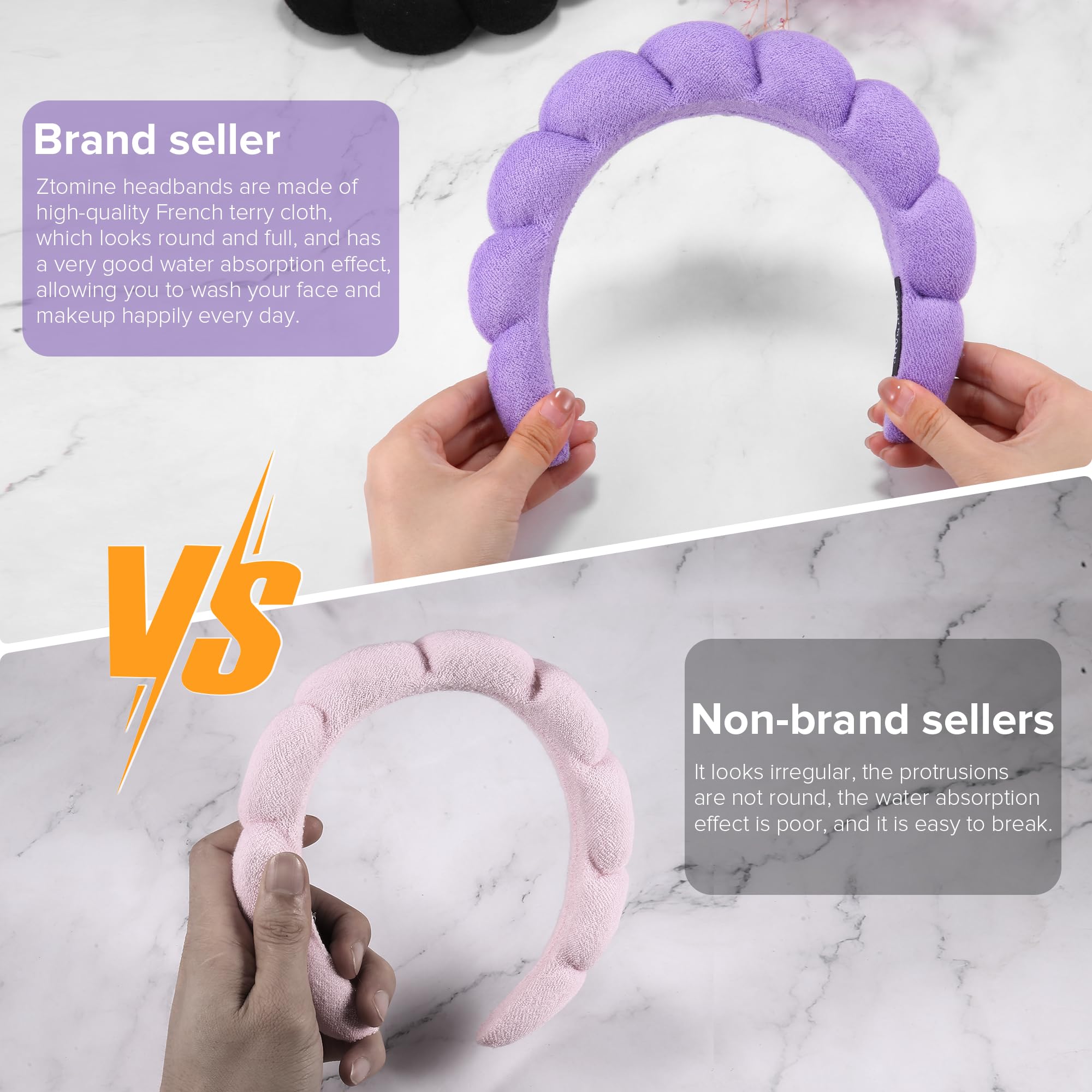 Ztomine Terry Cloth Spa Headbands For Washing Face Or Facial, Set Of 2, Black & Purple - Puffy Makeup Headbands For Face Washing