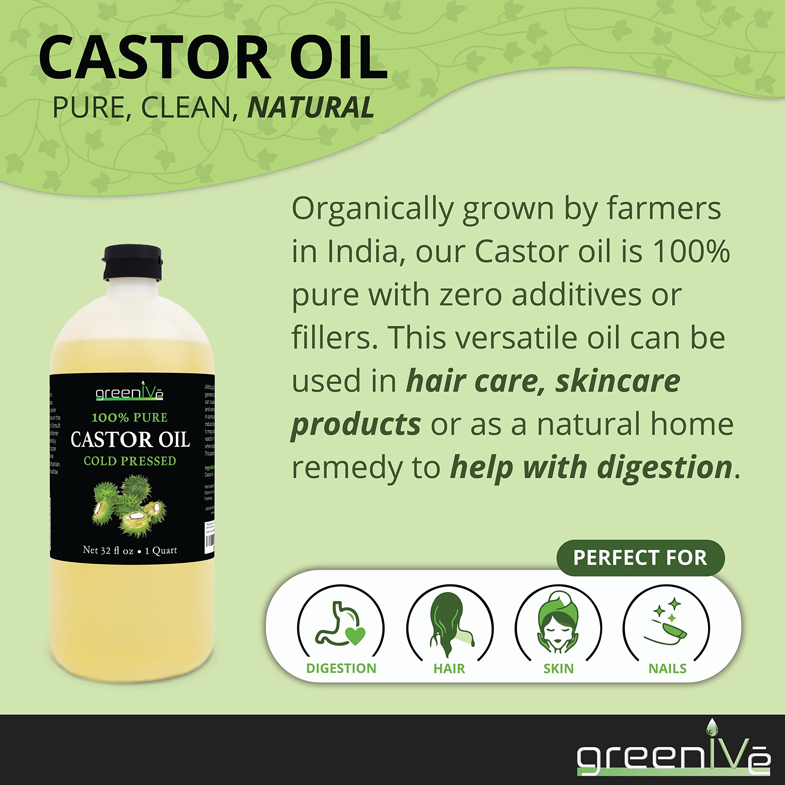 GreenIVe Castor Oil Organically Grown 100% Pure 32oz Bottle Cold Pressed, Hexane Free, Eyelash and Eyebrow Growth Serum, Skin Mo