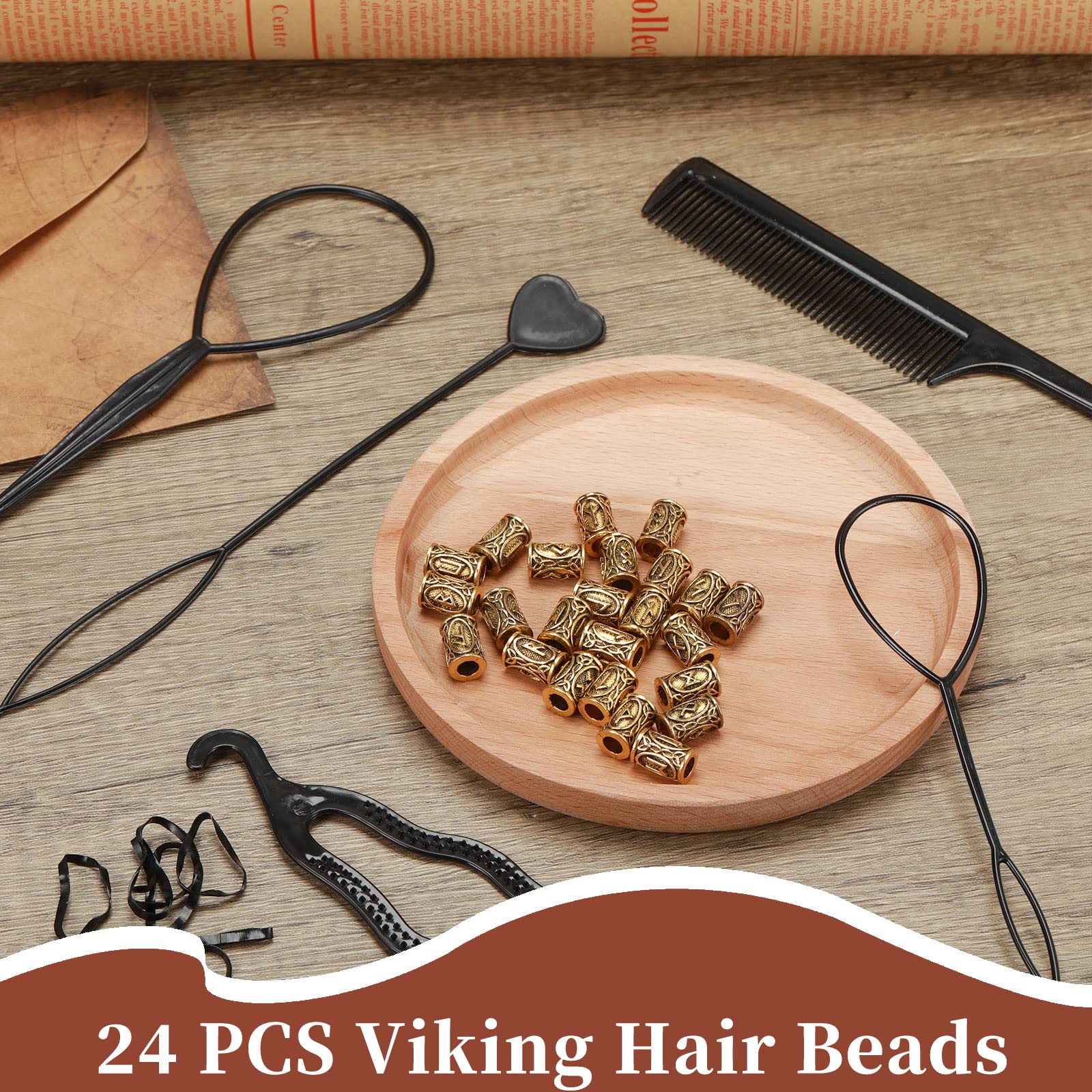 Geosar 24 Piece Norse Vikings Runes Hair Beard Beads For Bracelets Necklace Accessories Diy Includes 7 Pieces Pull Hair Pin Quic