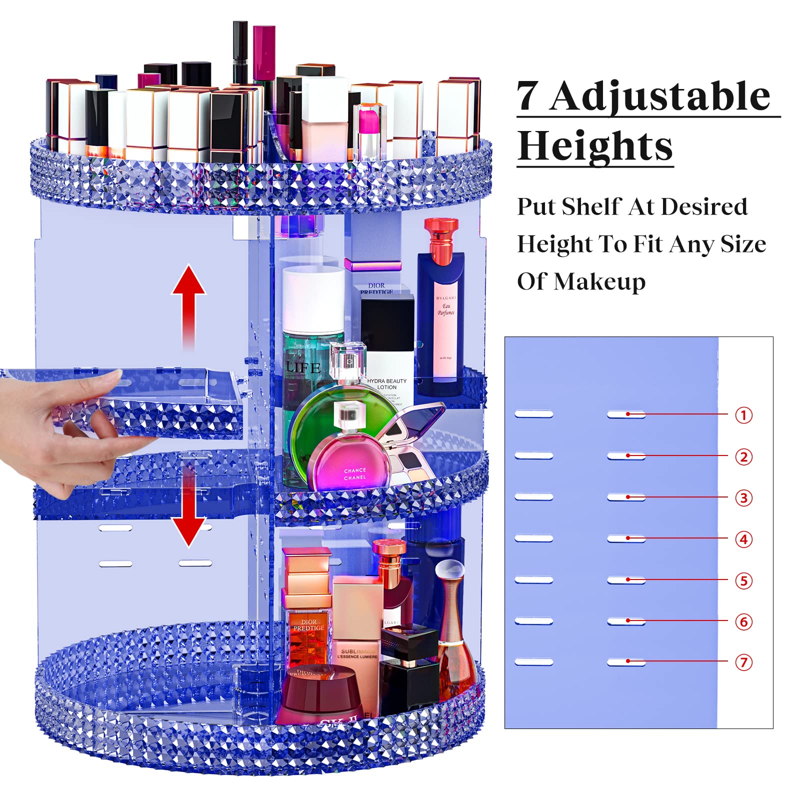 360 Large Rotating Makeup Organizer Countertop, Blue Acrylic Makeup Organizers, Organizador De Perfumes, 7 Layers Large Make Up