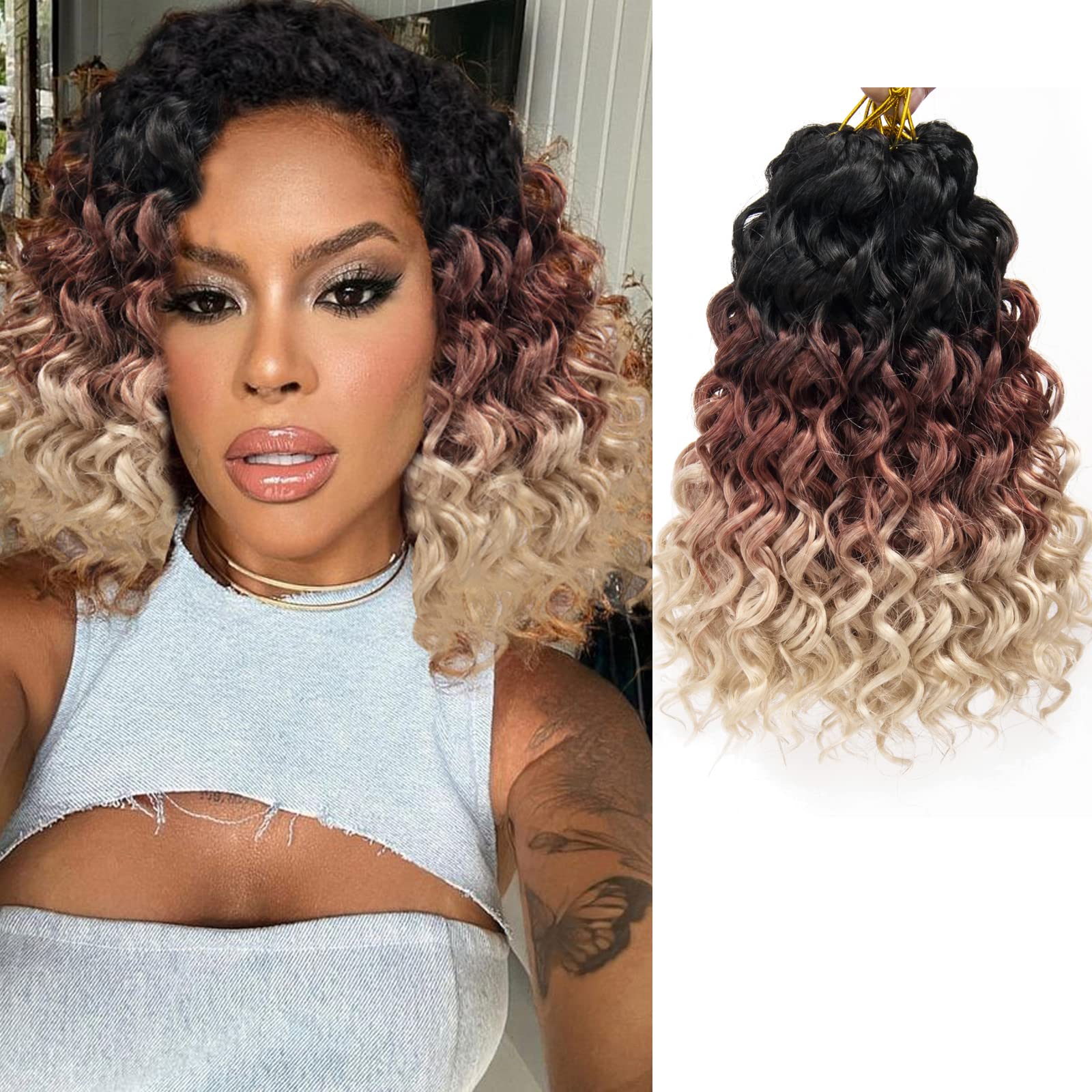 Gogo Curl Crochet Hair 10Inch Water Wave Crochet Hair Ombre Synthetic Bohemian Crochet Braid Deep Wave Braiding Hair Extensions