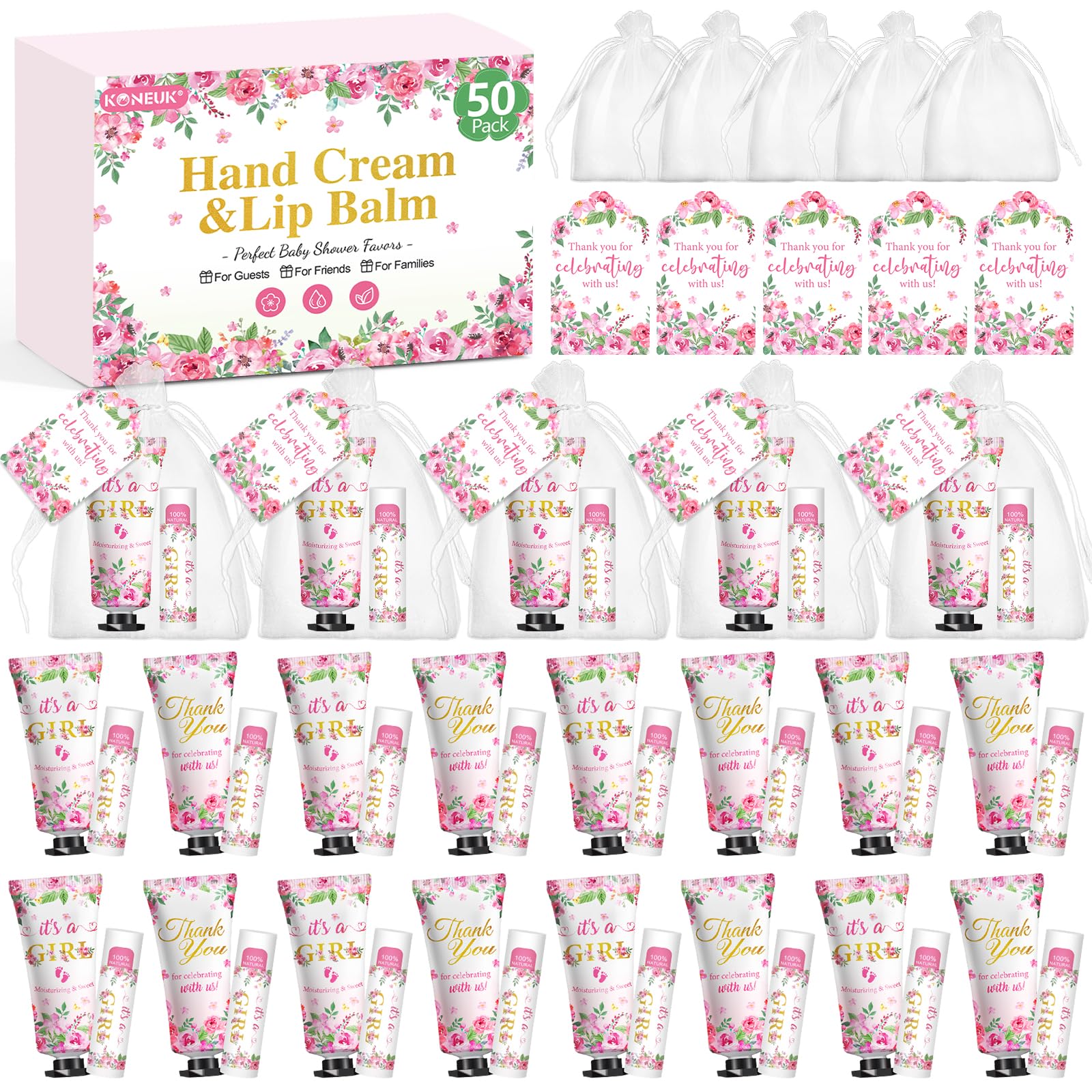 50 Pack Bulk Hand Cream and Lip Balm Gifts Sets, Baby Shower Favors and Bridal Shower Favors for Guests with Thank You Card and 