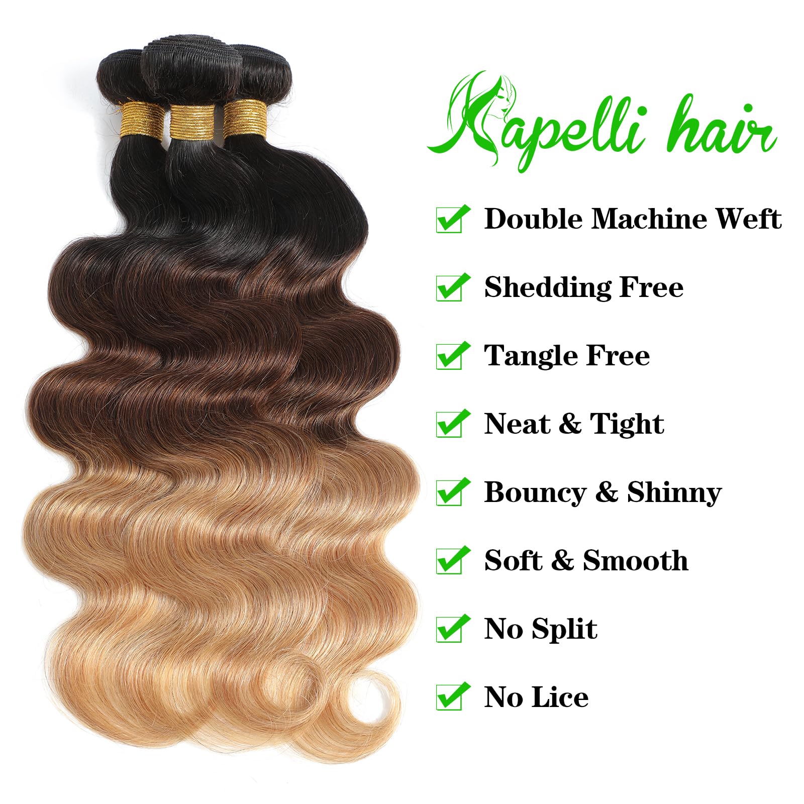 Kapelli Hair 10A Ombre Human Hair Bundles Ombre Brazilian Hair Body Wave (T1B/4/27,18'' 20'' 22'') Ombre Brazilian Human Hair Vi