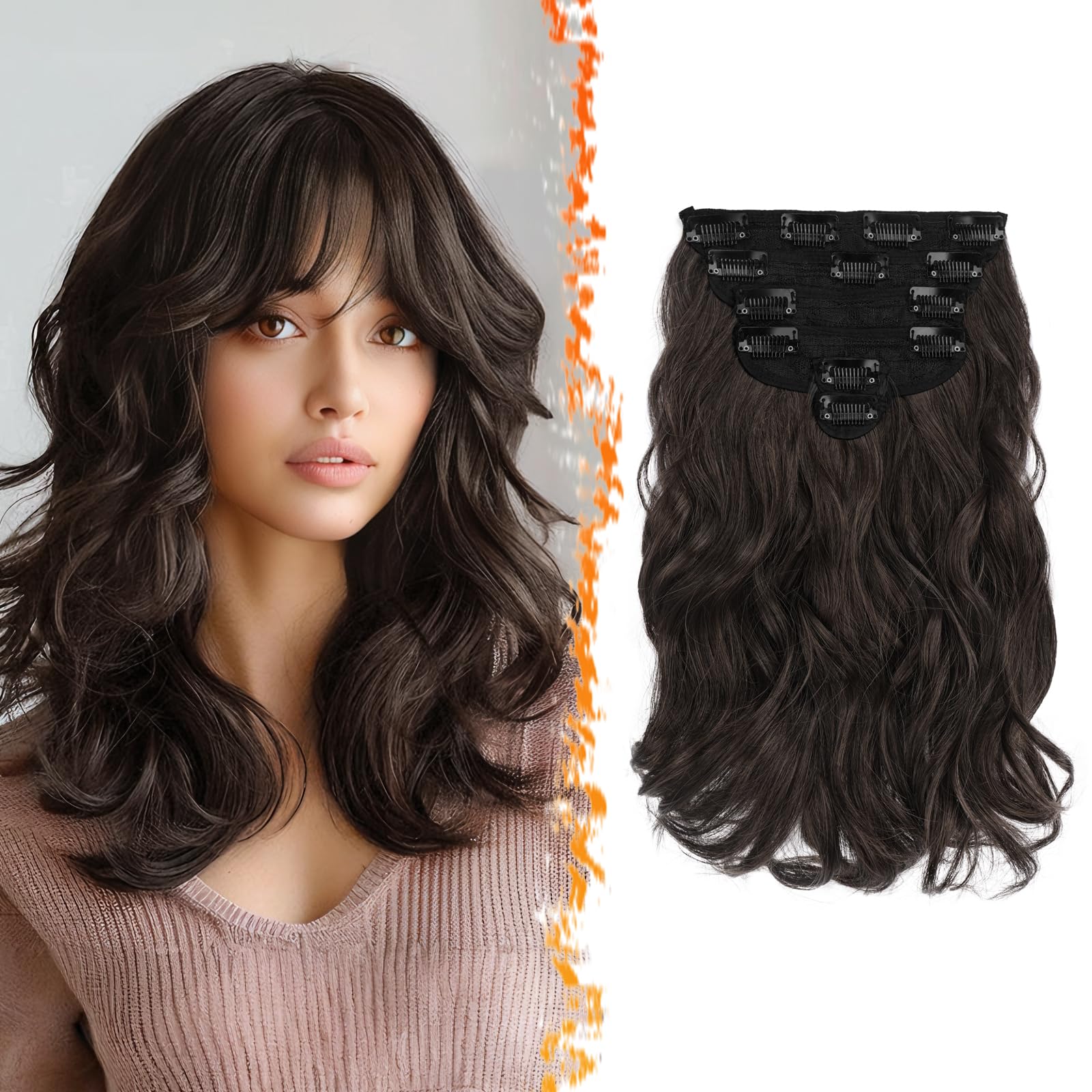 BARSDAR Wavy Clip in Hair Extensions - 12 Inch Dark Brown Clip in Hair Extensions for Women - 6PCs Full Head Thick Soft Syntheti