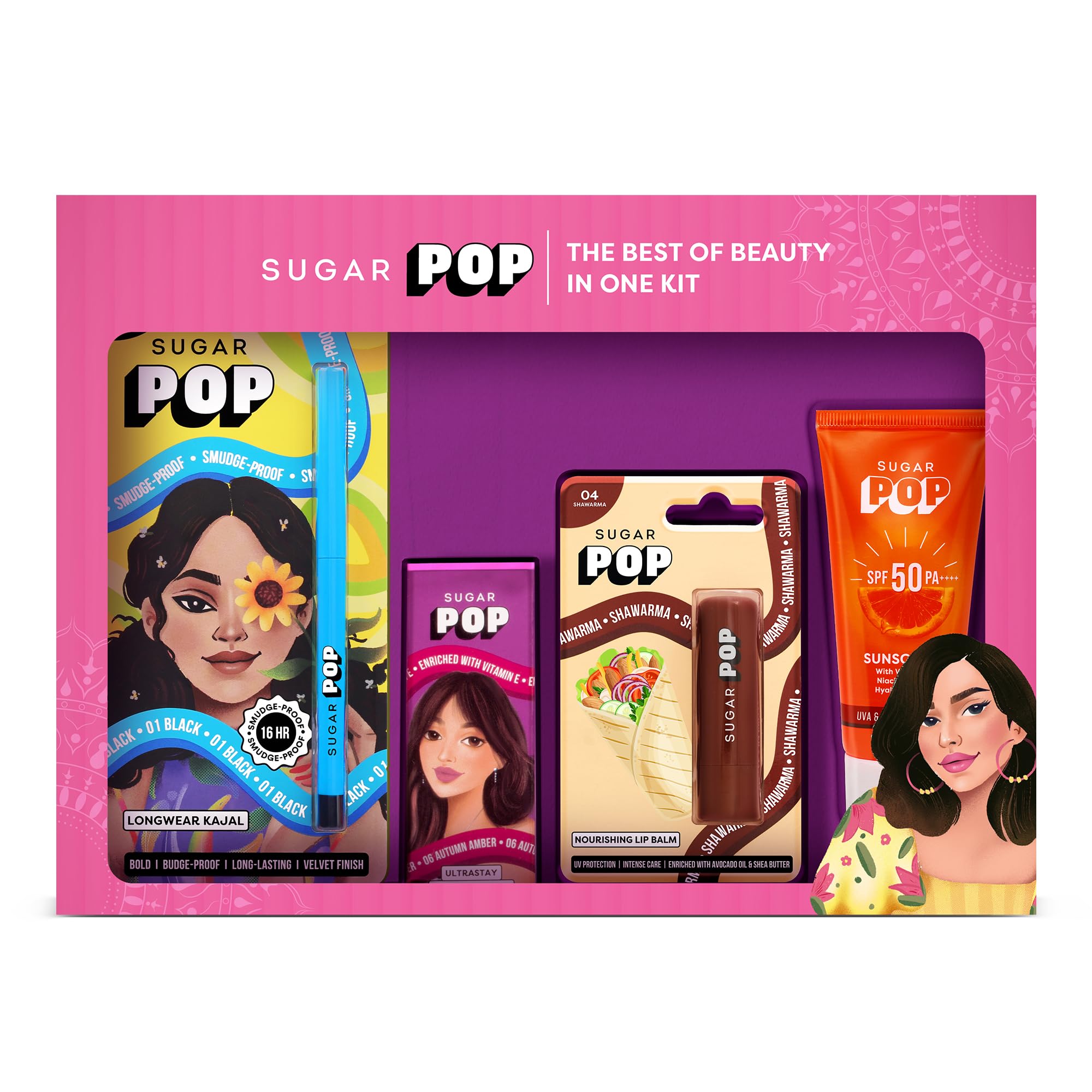 Sugar Pop The Best Of Beauty In One Kit | Festive Gift Set For Women | Lipstick, Lip Balm, Kajal & Spf 50 Sunscreen | 4 In 1 Mak