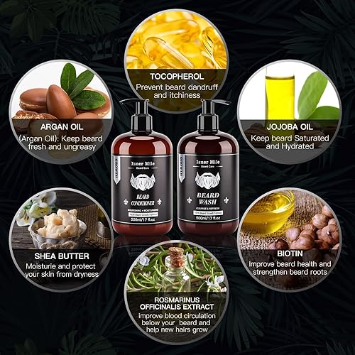 Beard Wash And Conditioner Set (Large 17 Oz Each), New Beard Growth Formula With Biotin Argan & Jojoba Oils, Smooth Soften Stren