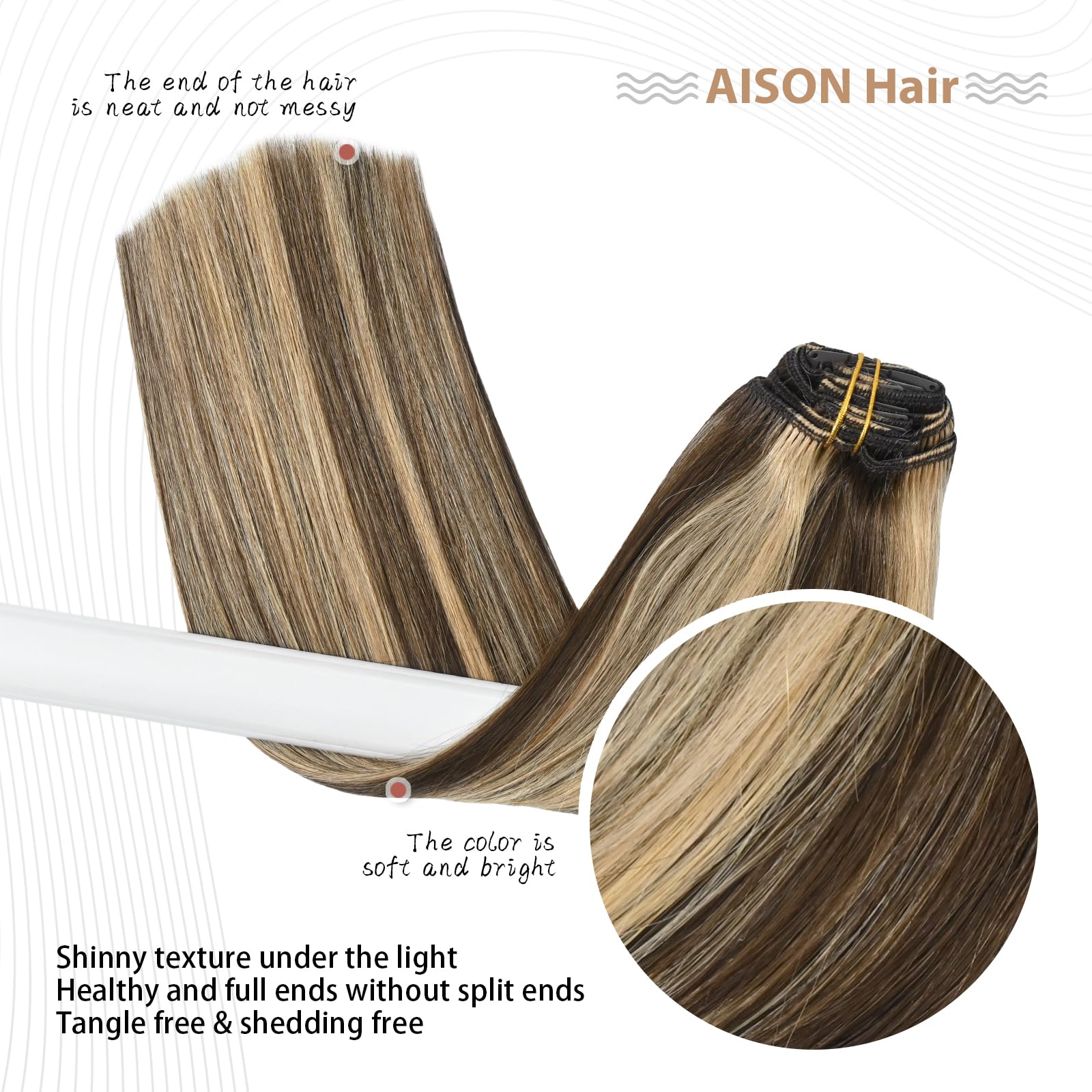 Aison 15 inch Caramel Clip in Hair Extensions Real Human Hair 70G Medium Brown/Dark Blonde 100% Remy Human Hair Soft Highlight C