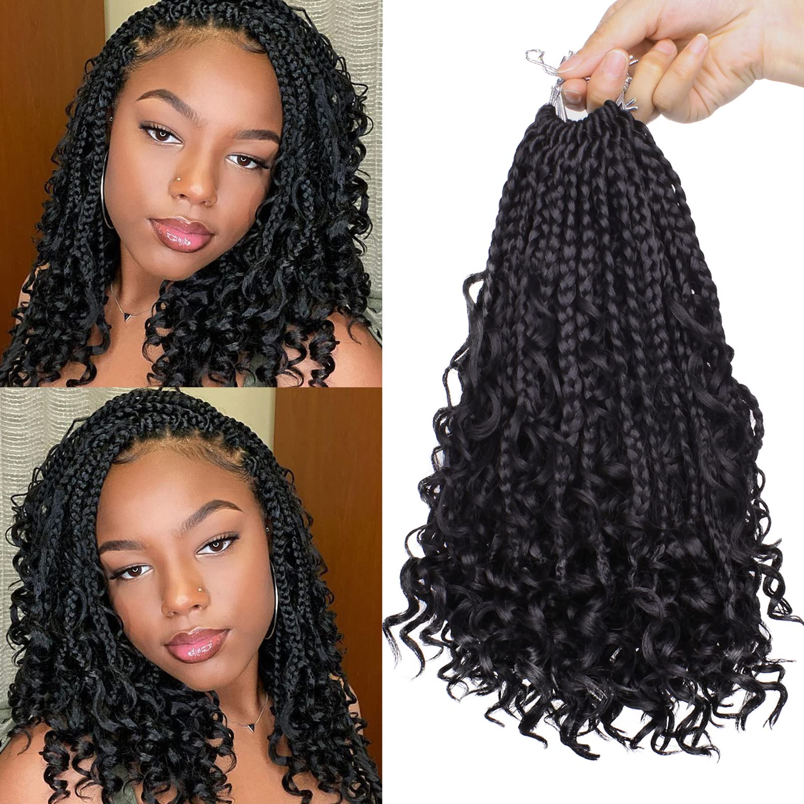 Unionbeauty 8 Packs 10 Inch Boho Box Braids Crochet Hair Goddess Box Braids Crochet Hair for Black Woman with Curly Ends Bohemia