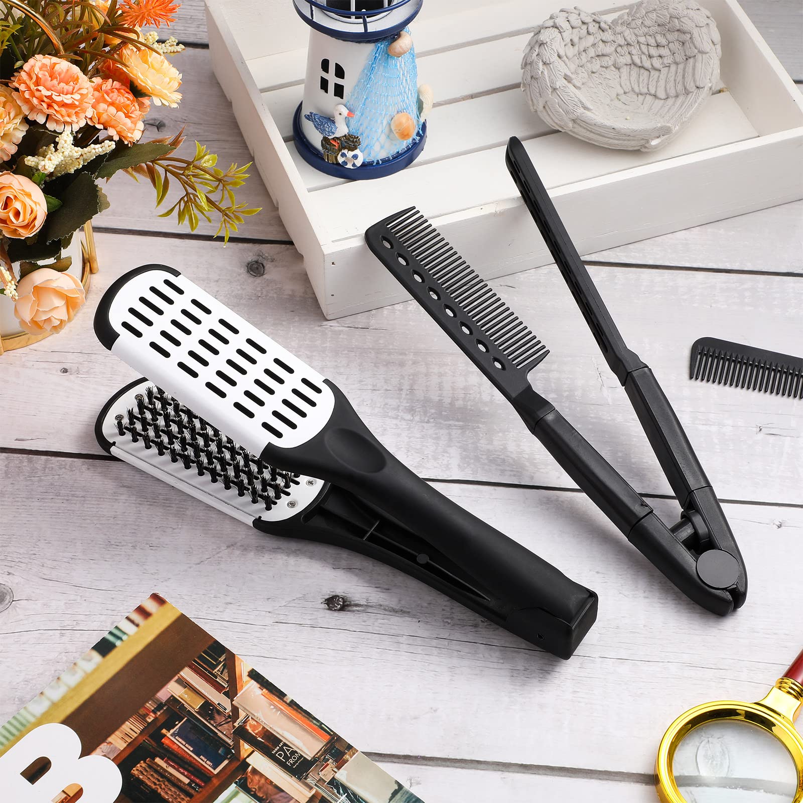 Chengu 2 Pcs Boar Bristle Brushes - Double Sided Clamp Brush And Flat Iron Comb For Straightening Knotty, Unkempt Hair (Black Wh