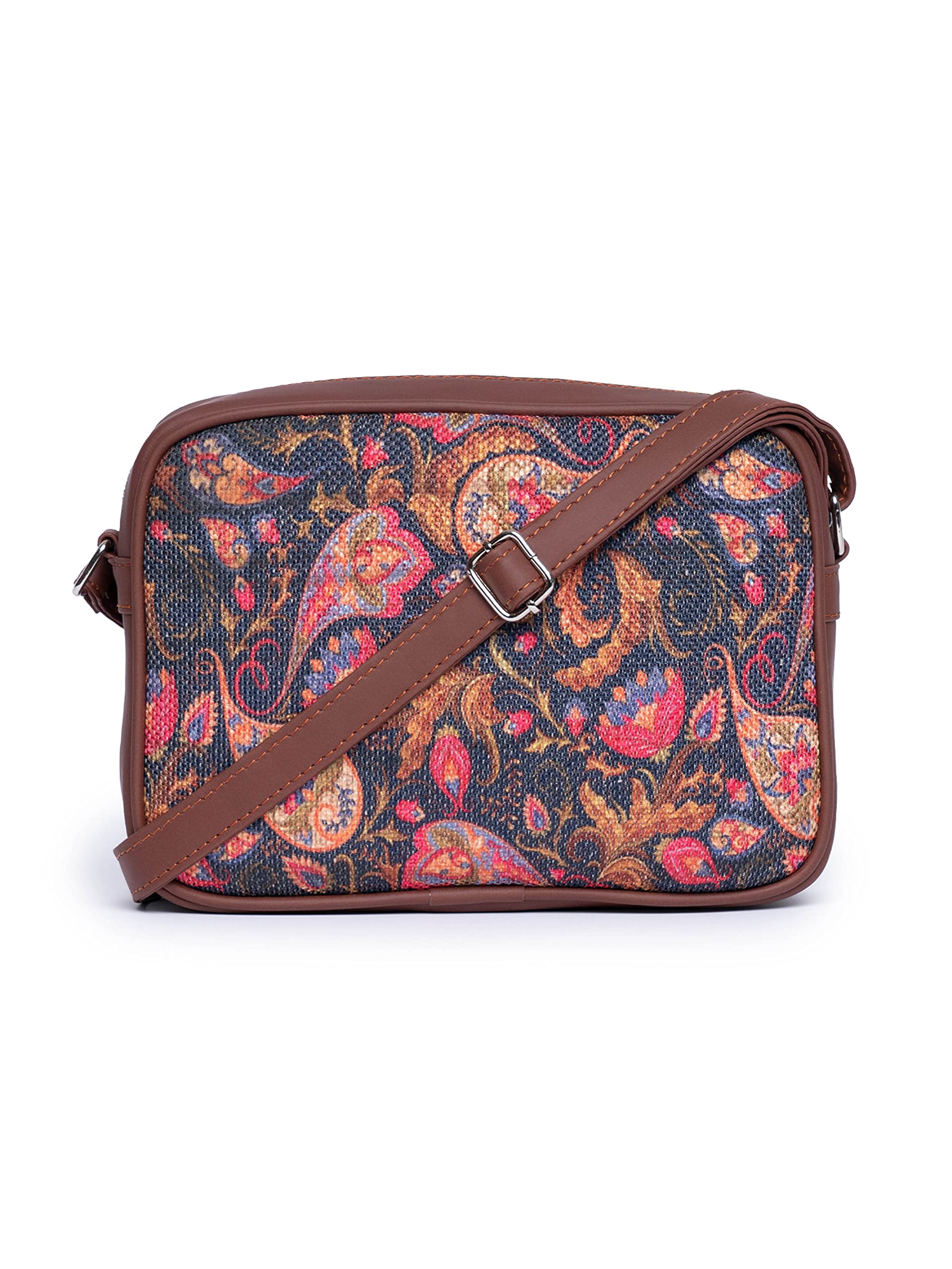 ZOUK Handmade Vegan Leather Paisley Print Womens Sling Bags With Adjustable Shoulder Strap