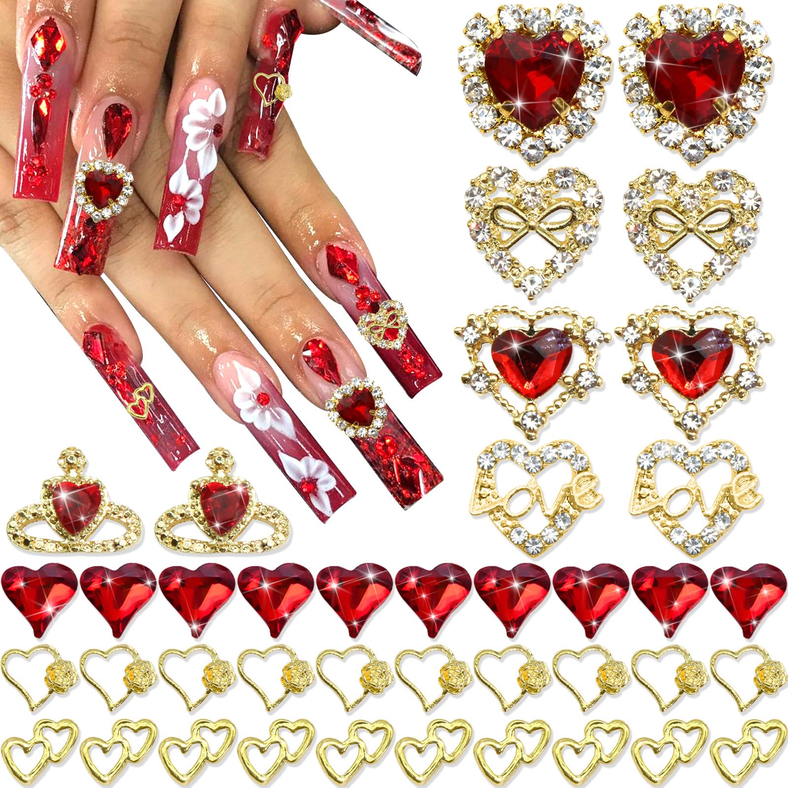 RODAKY 40PCS Heart Nail Charms Valentine's Day Nail Art Jewelry Red Crystal Rhinestone Nail Gems Metal Heart Charms for Acrylic 