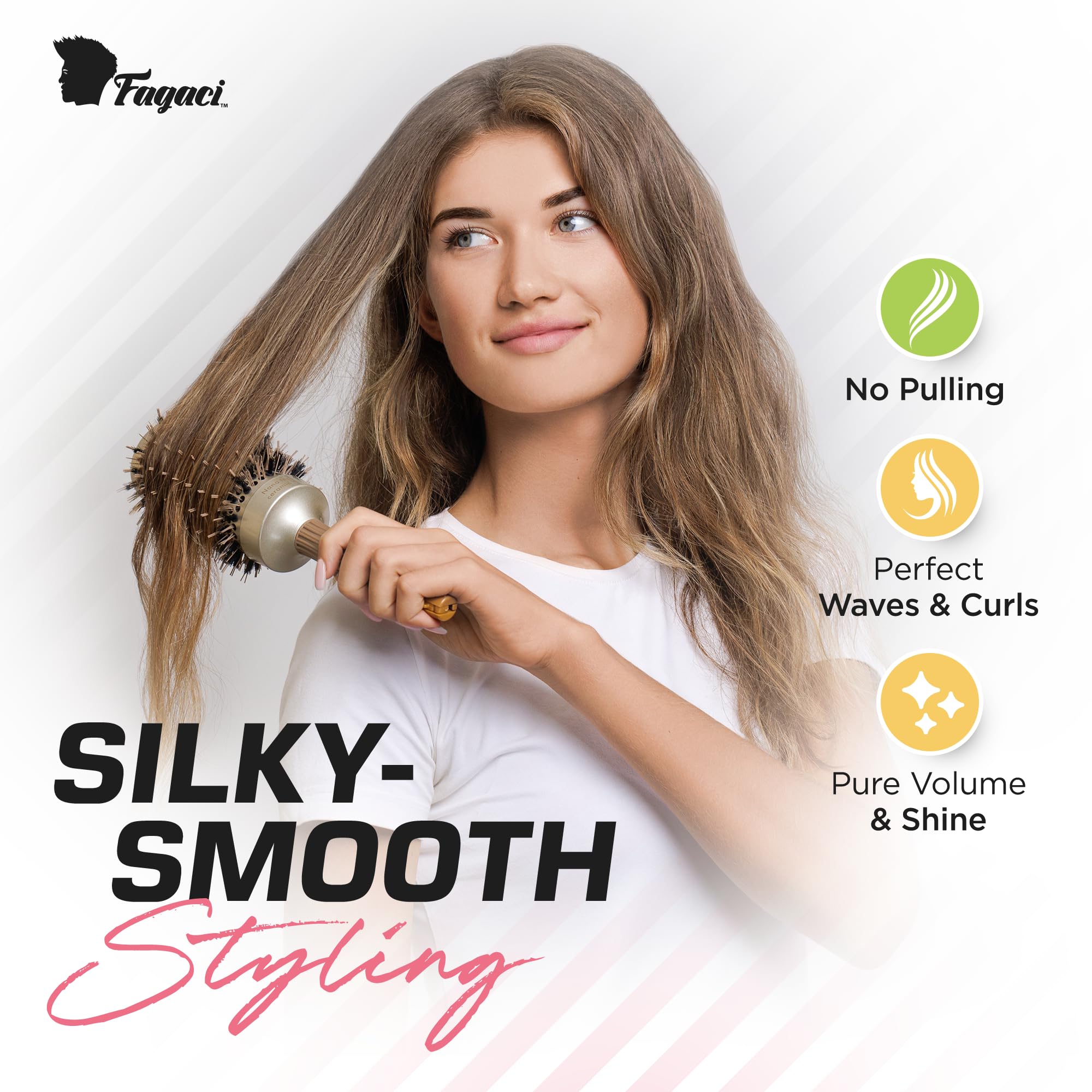 Fagaci Professional Large Round Brush For Blow Drying With Natural Boar Bristle, Round Hair Brush Nano Technology Ceramic+ Ionic