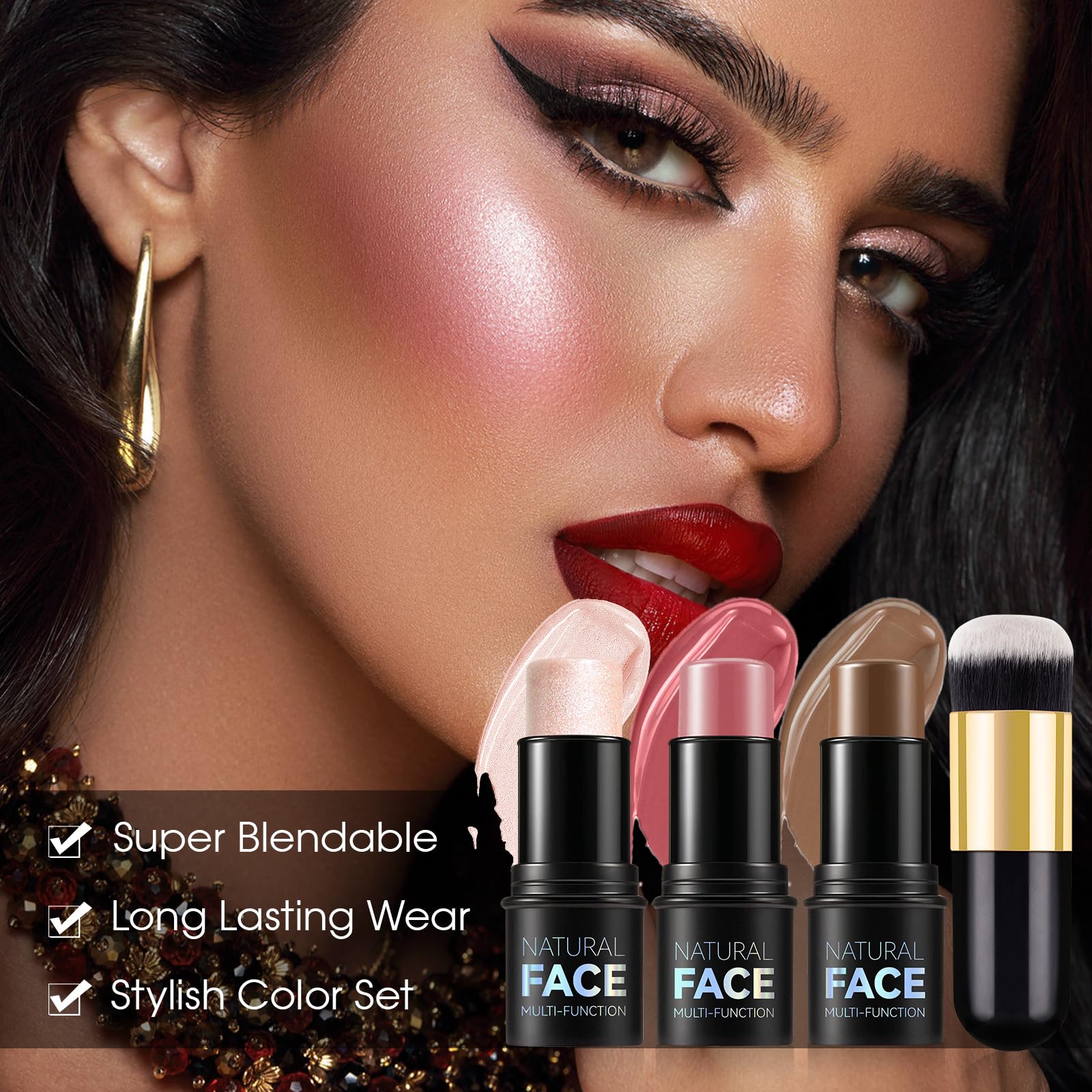 LSxia Cream Contour Stick Makeup Kit - 3Pcs Waterproof Blush, Highlighter & Bronzer - 0.21oz (#02, #05, #06)
