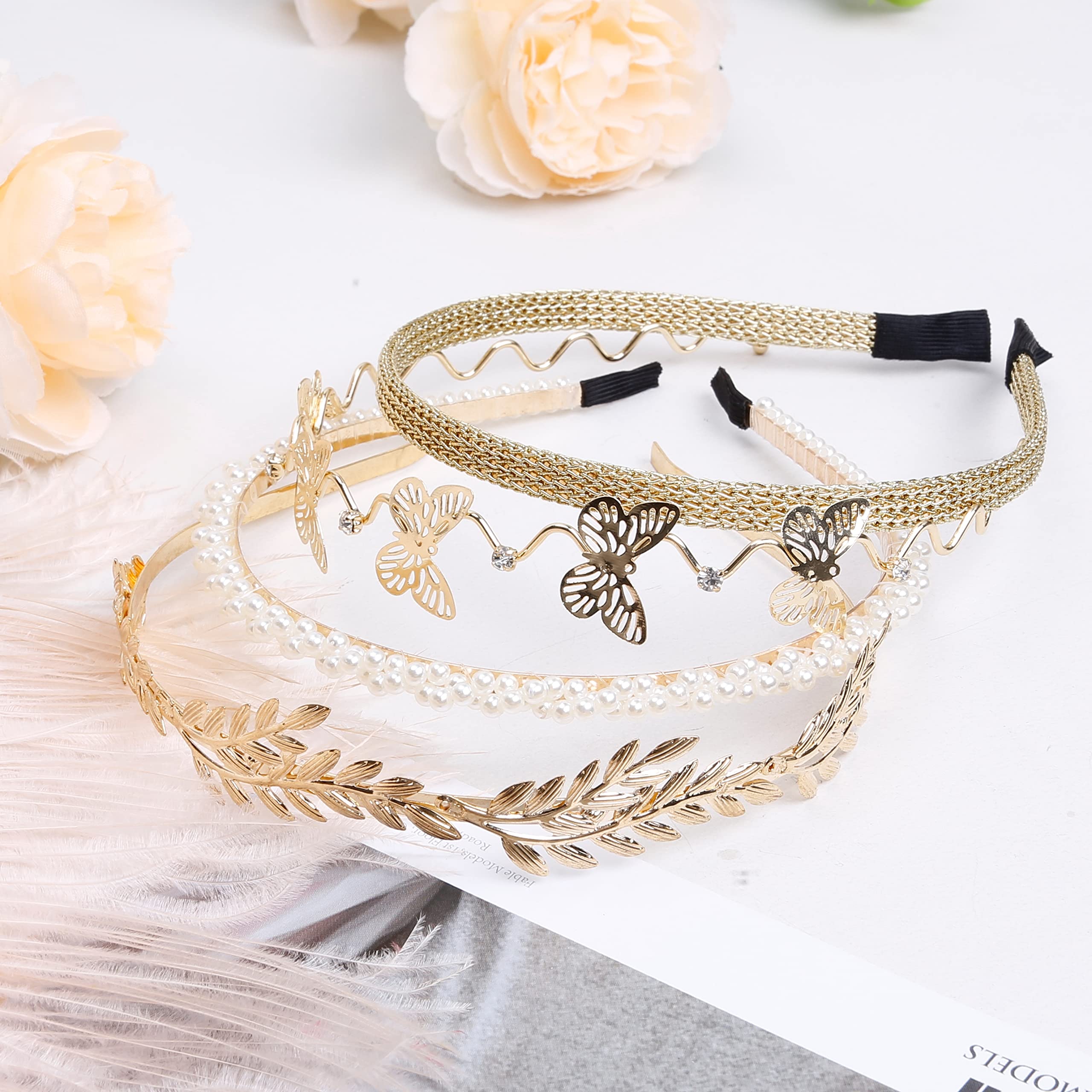 Wovowovo Pearl Headbands For Women 8 Pack, White Faux Pearls Hairband Gold Metal Headband Butterfly Flower Hairbands, Bridal Hai
