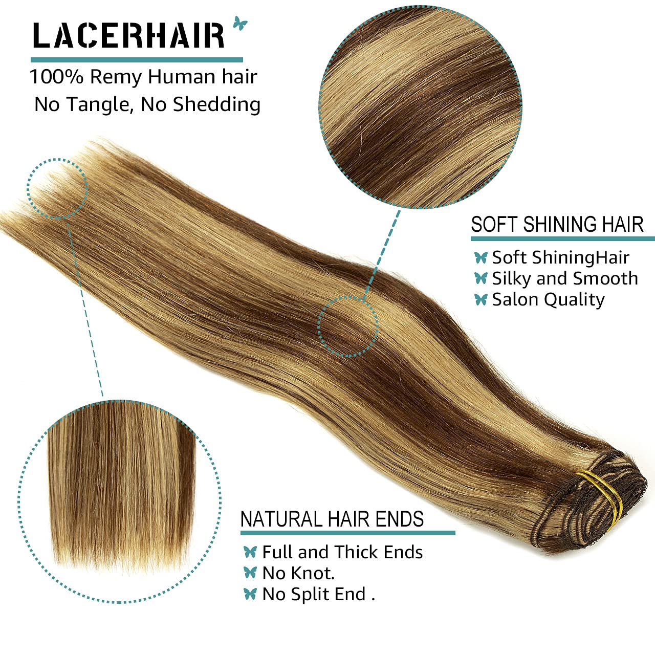 Lacerhair Real Human Hair Clip in Extensions 18 Inch Chocolate Brown Lowlight Light Golden Brown P#4/12 Salon Quality Remy Hair