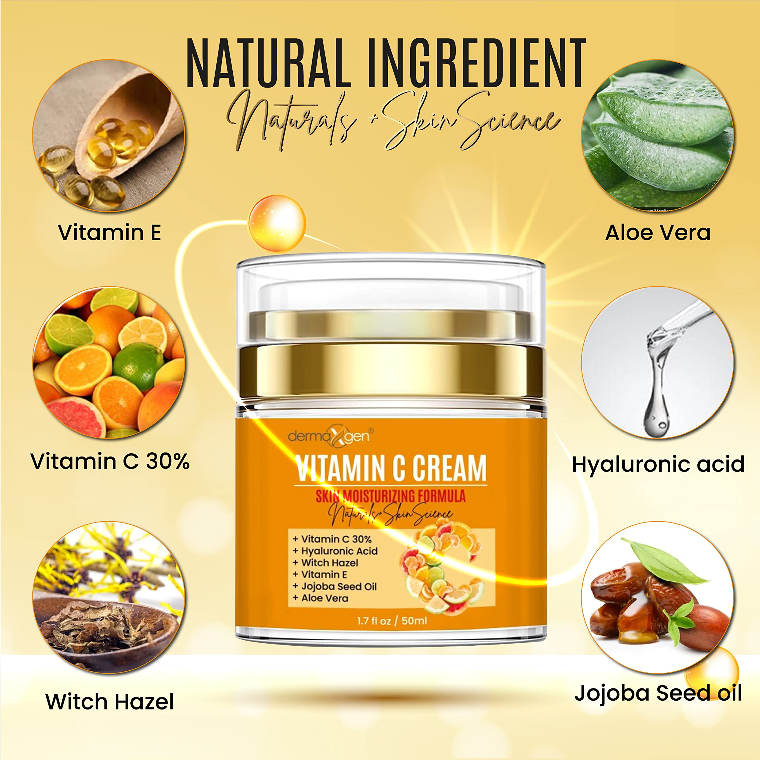 Vitamin C Moisturizing Cream - Organic Glowing Skin Anti-Aging, Rejuvenating, Boosting Collagen Hydrating for Dull, Dry & Sensit