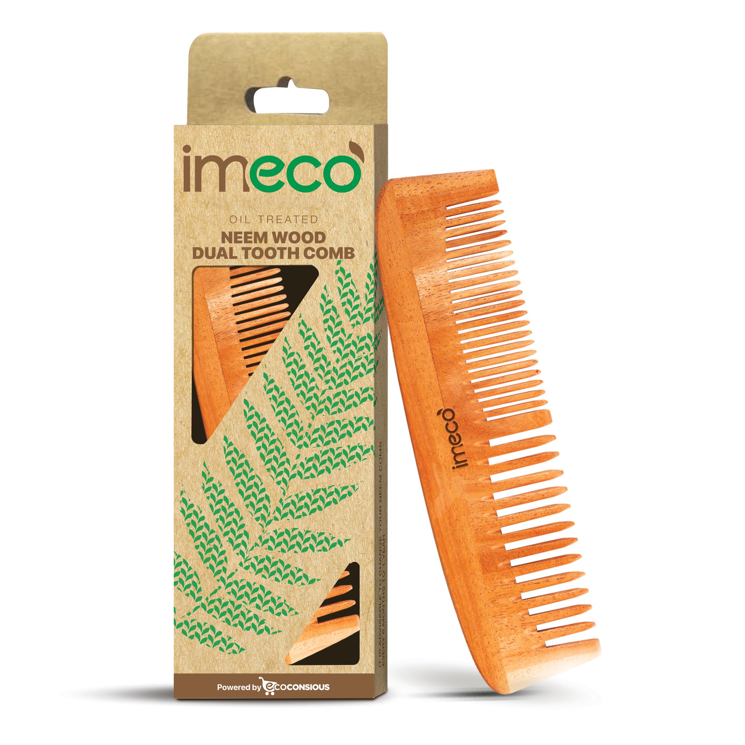 Imeco Kacchi Neem Wooden Dual Tooth Hair Comb | Dandruff Control And AntiStatic | Hair Growth | Gentle Detangling To Reduce Hai