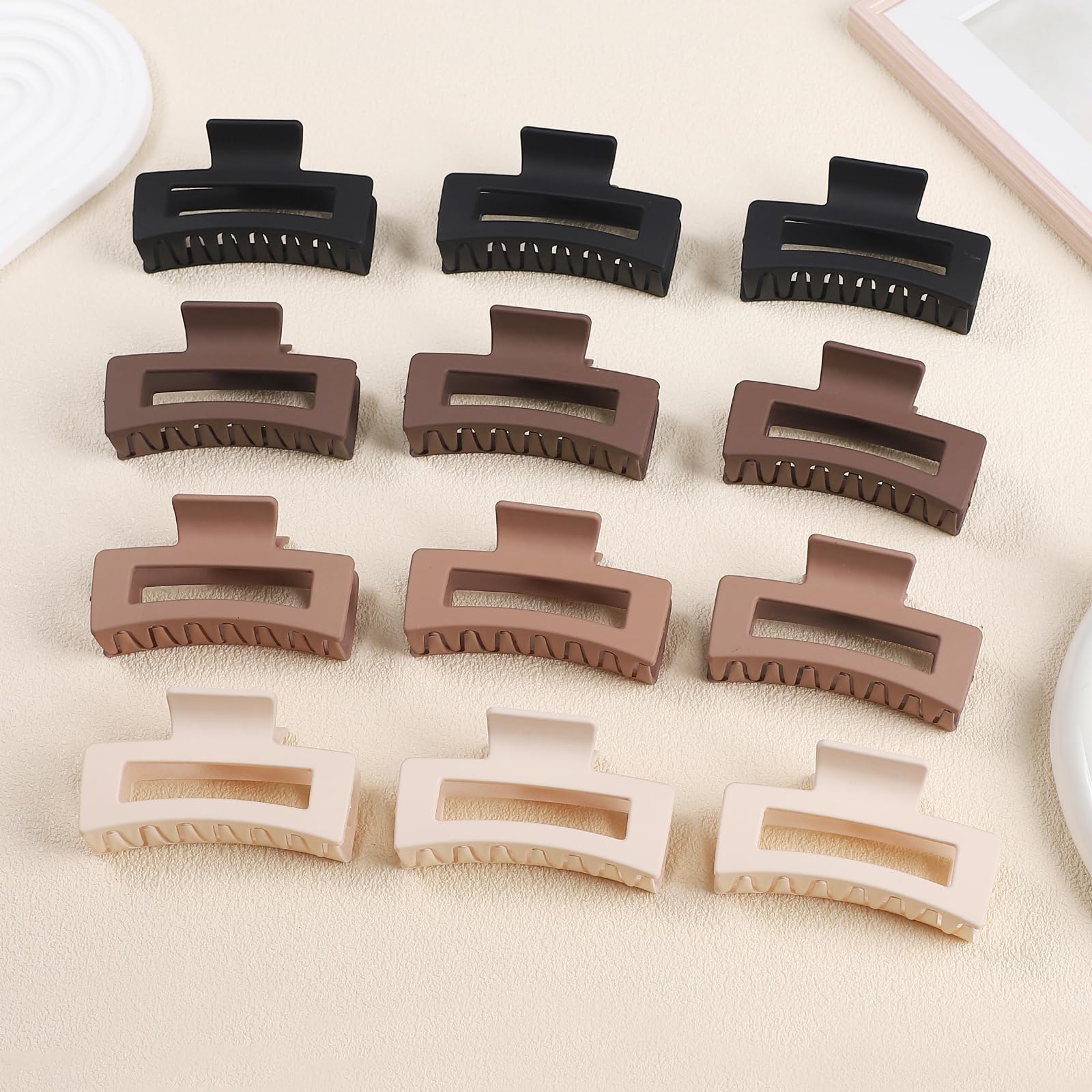 Sisiaipu Hair Claw Clips, 3.5 Inch Medium Hair Clips 12 Pcs Square Jaw Clips For Thick And Thin Hair - Brown, Matte Black, Dark